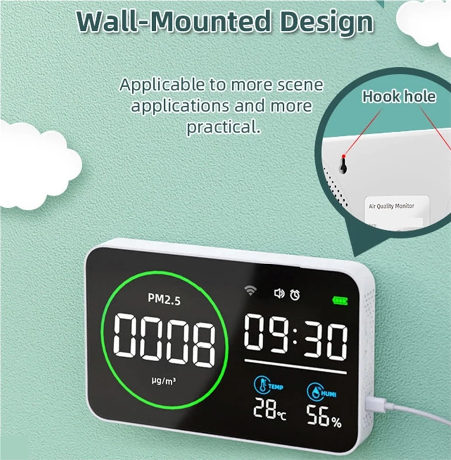 Detector de Gases, Monitor de Temperatura y Humedad PM2.5, Detector Digital Calidad del Aire 4 en 1 con Pantalla LED