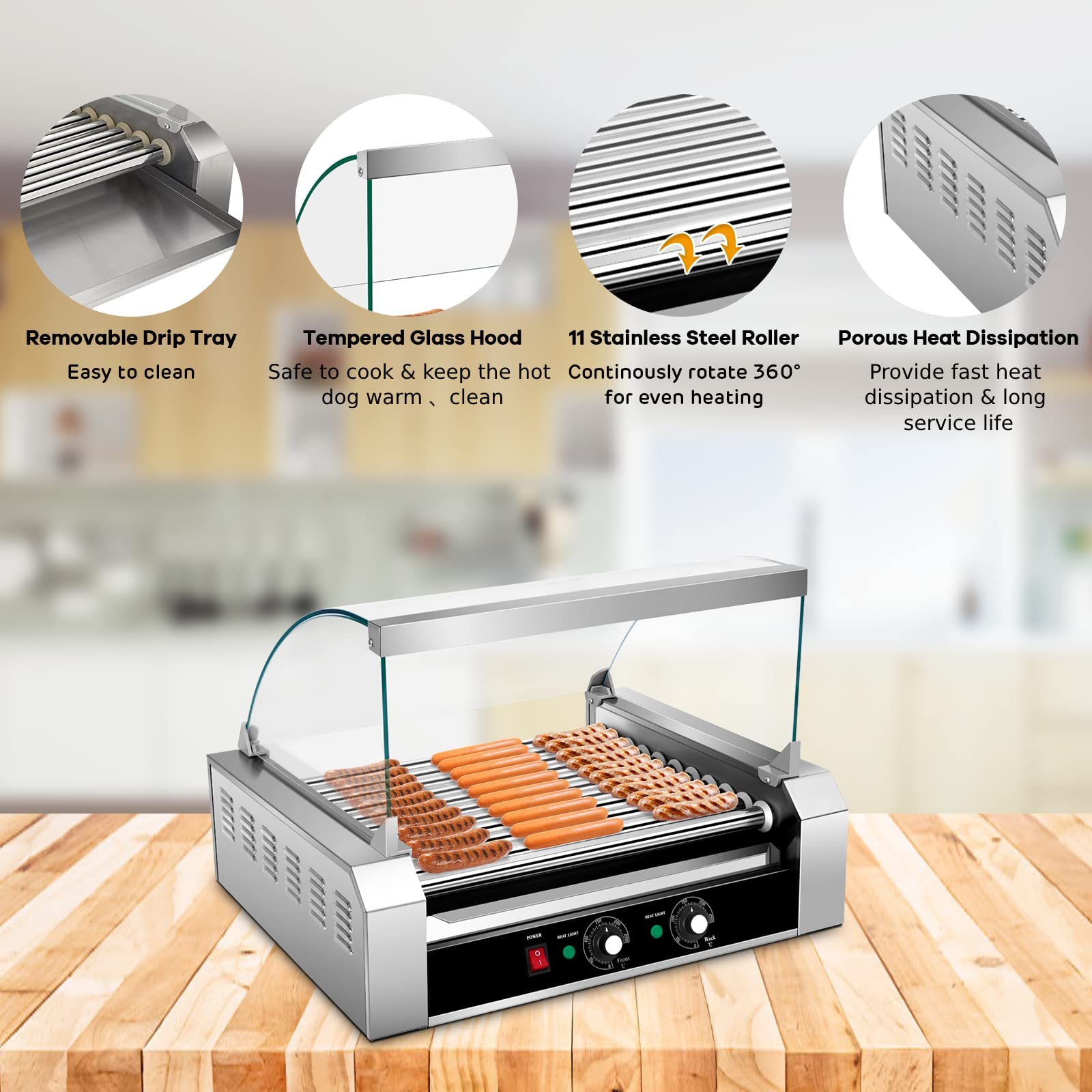 Hot Dog Roller Sausage Grill Cooker 30 Hot Dog Capacidad Hot Dog Cooker Máquina de Hot Dog de Acero Inoxidable con Doble Control de Temperatura Bandeja de Goteo Desmontable
