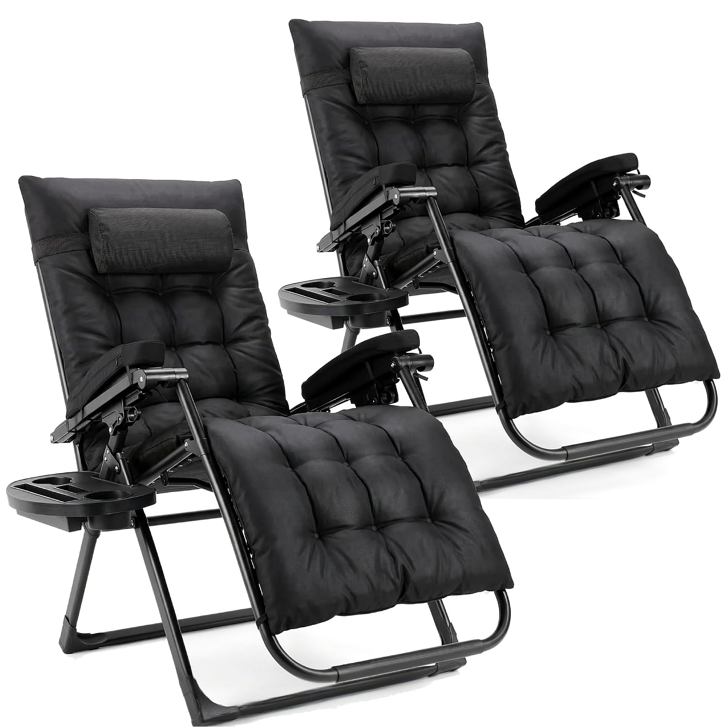 TLGREEN Sonnenliege Klappbar 2er Set, Verstellbare Gartenliege mit Auflage Wasserdicht Abnehmbare Kopfstütze Getränkehalter, Liegestuhl, Klappliege für Balkon, Schwarz