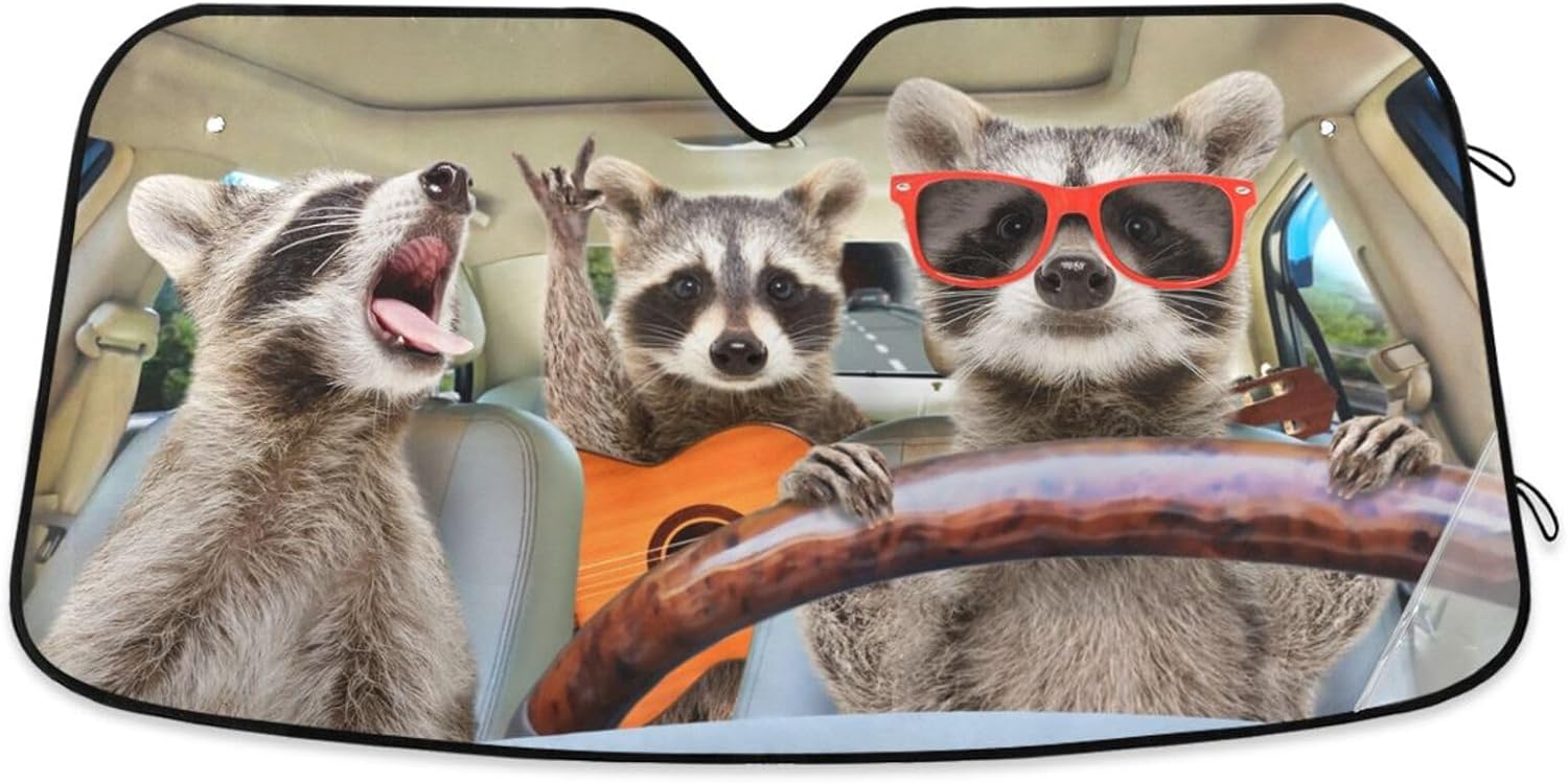 Funny Raccoon Driving Animal Car Windshield Sun Shade Foldable UV Ray Sun Visor Protector Sunshade to Keep Your Vehicle Cool (57" x 31.5")