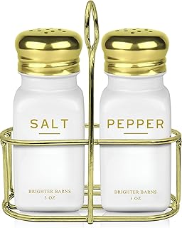 Luxury Salt and Pepper Shakers Set with Holder by Brighter Barns - Modern Kitchen Essentials, White and Gold Kitchen Accessories - Vintage Glass Shakers with Caddy for Restaurant, Airbnb (White/Gold)