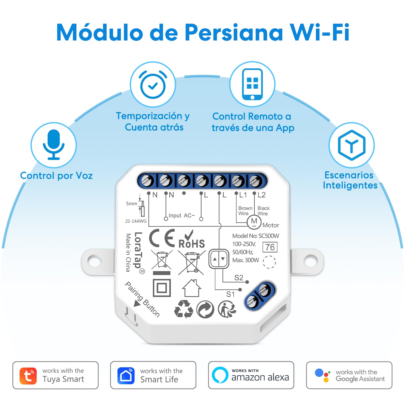 LoraTap Interruptor Persianas WiFi, 4 Piezas Relé de Persiana Temporizador Inteligente para Cortina Eléctrica, Control Remoto por Teléfono, Compatible con Alexa y Google Home para Control de Voz, 300W