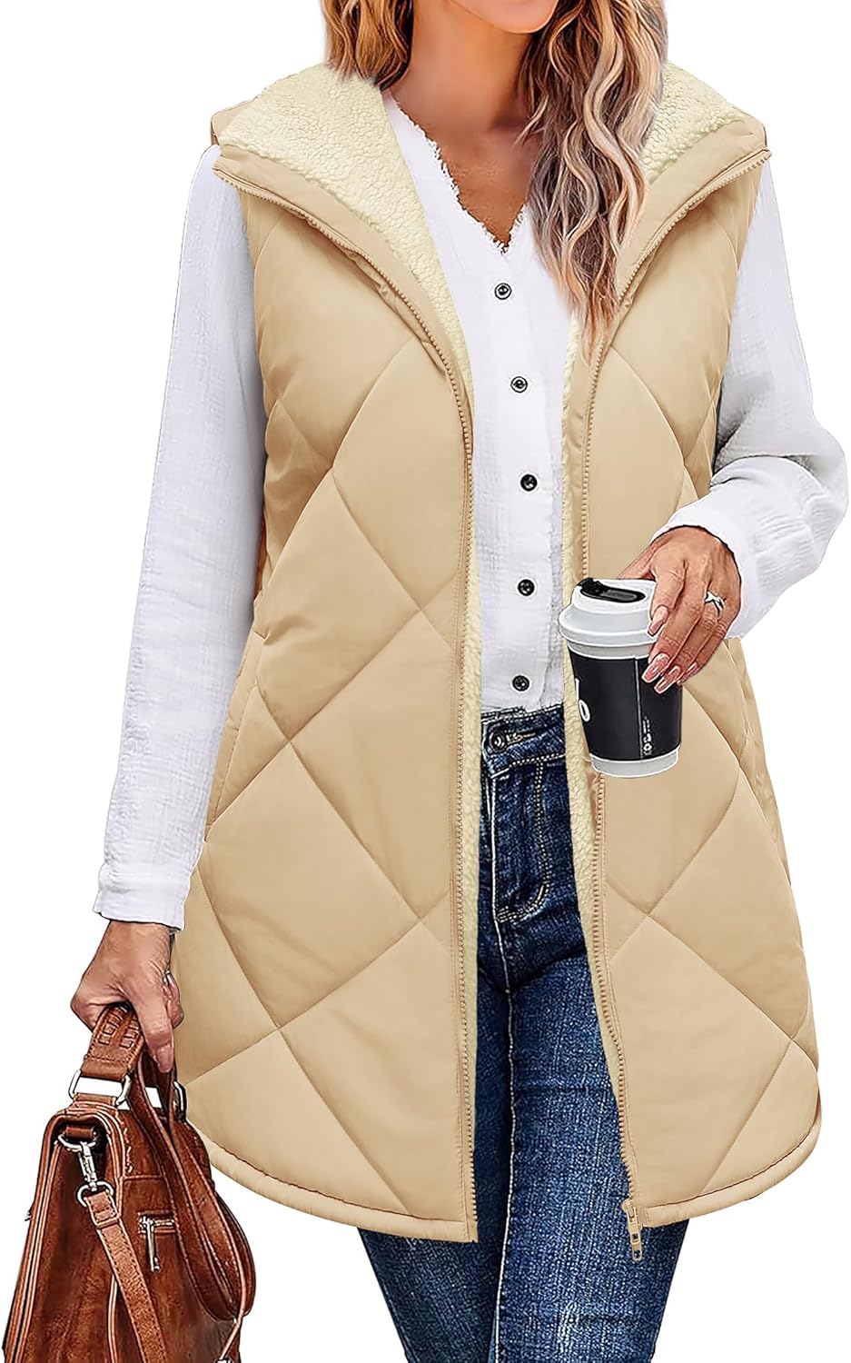 Zeagoo Womens 2025 Reversible Vest Sleeveless Fleece Jacket Double Zip Up Long Warm Winter Coat Outerwear with Pockets