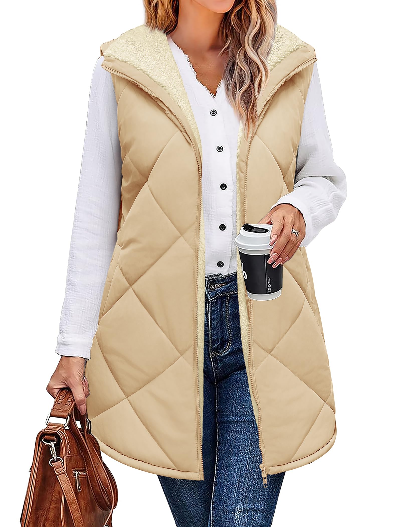 Doble cremallera en chaleco largo reversible con bolsillos funcionales 7