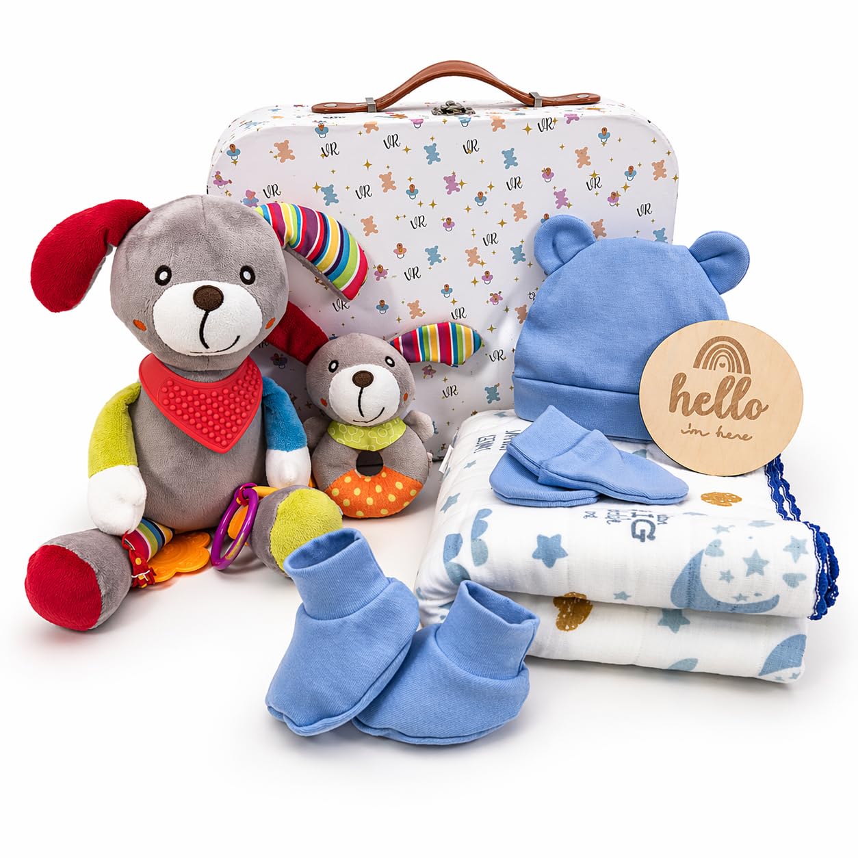 Veviur – Baby Geschenkset Windeltorte – Neugeborenen Geschenkbox mit sensorischem Kuscheltier, passender Rassel & Babyzubehör – Ideales Geburtsgeschenk für Jungen und Mädchen