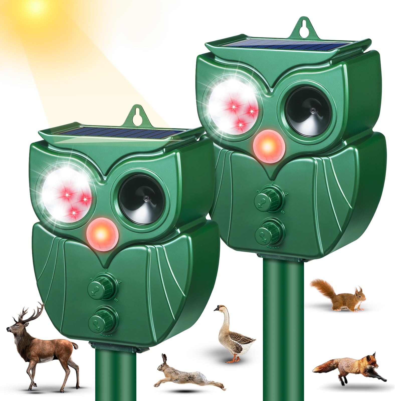 Ultraschall-Tiervertreiber für den Außenbereich, mit Bewegungssensor, wasserdicht, solarbetrieben, mit LED-Blitzlicht, effektive Abschreckung für Hunde, Eichhörnchen, Waschbären, Stinktiere, Kaninchen
