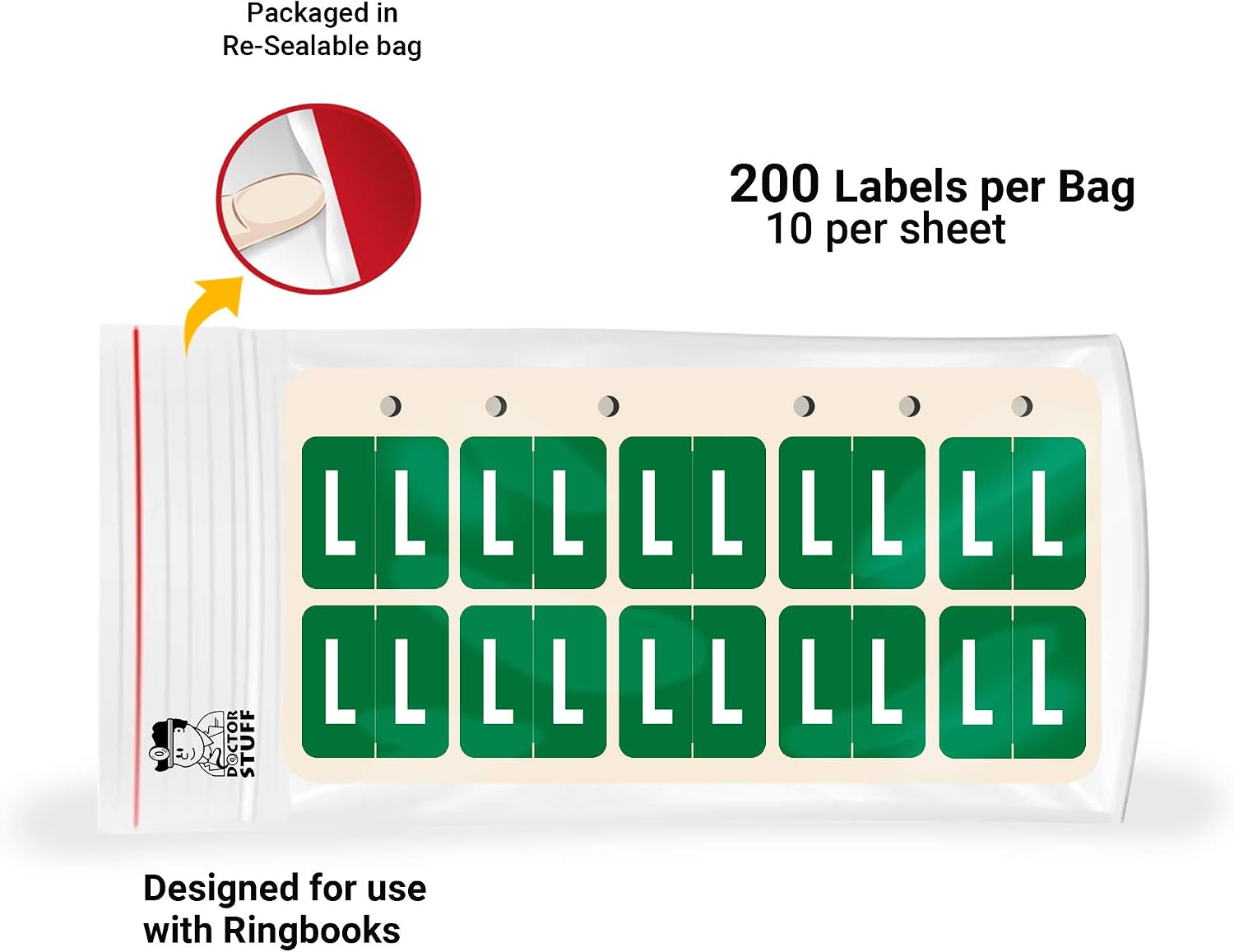 Doctor Stuff - File Folder Labels, Ringbook Sheets Alphabet Letter L, VRE/GBS 8850 - VRAM Series Compatible Alpha Stickers, Dark Green, 1.3" x 1.25", 200/Package