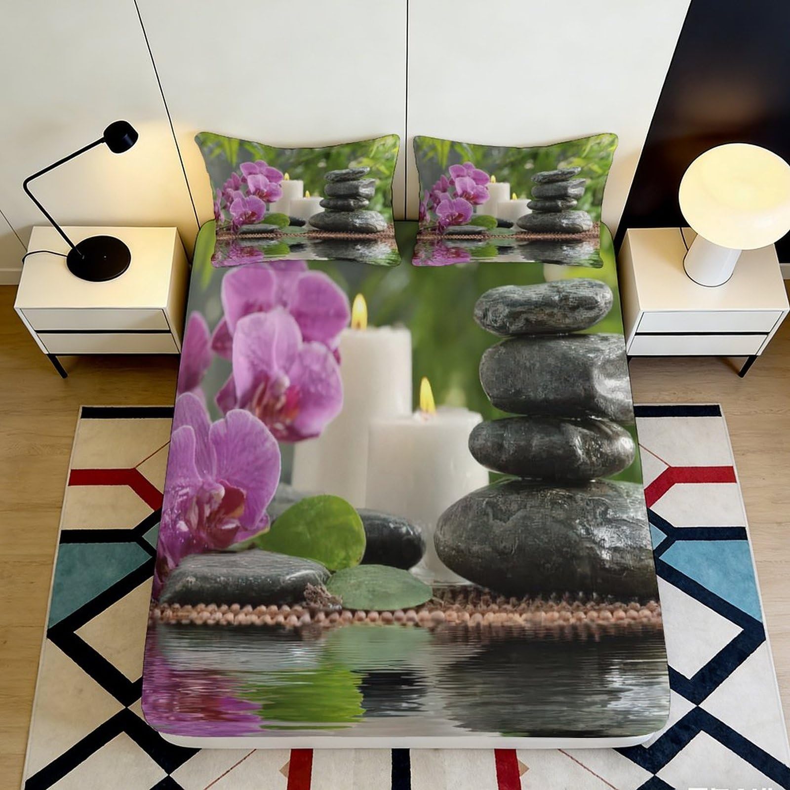 3D Printed Zen Candle Orchid Fitted Sheet Microfiber Soft Washable Stone Bed Cover Bedroom Dorm Decor 90x200x25cm