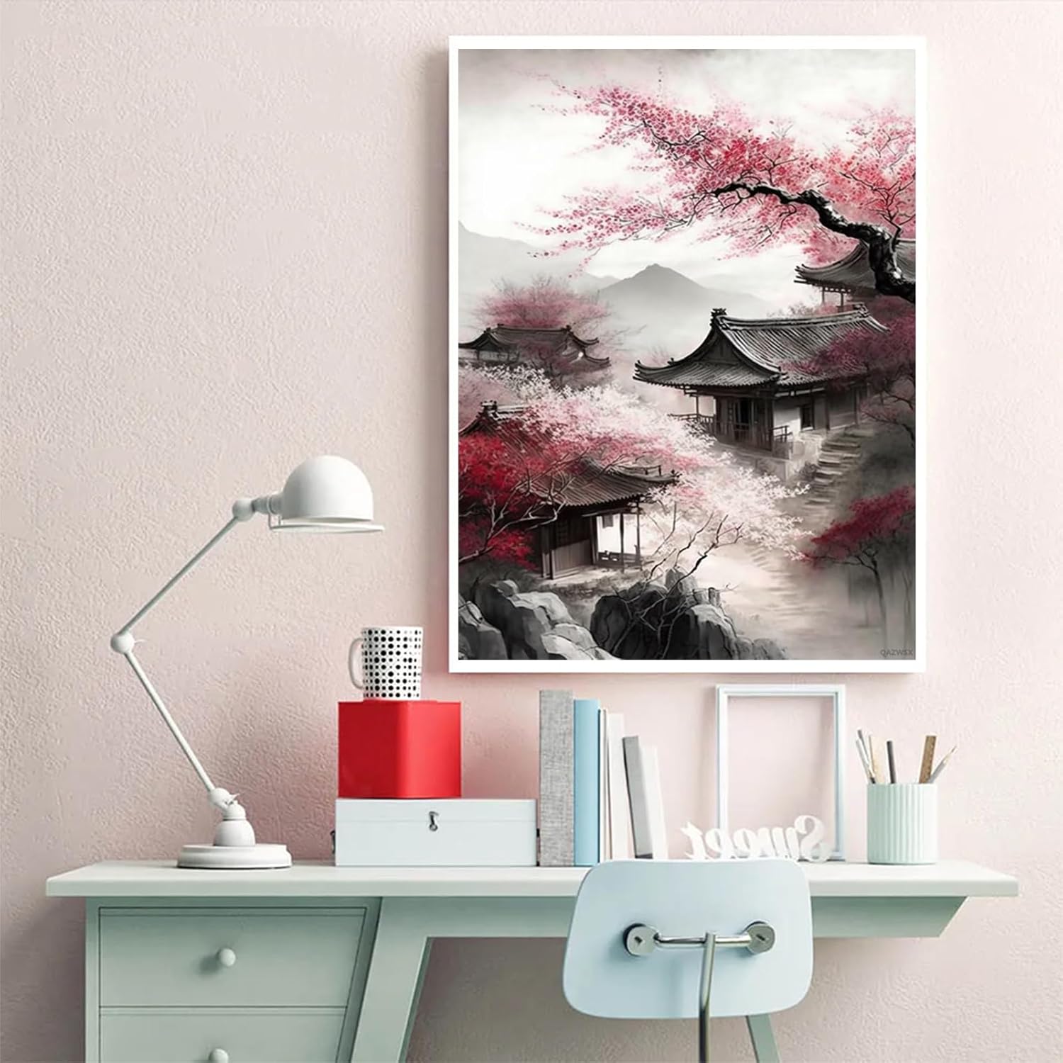 Landscape Diamond Painting Set, DIY 5D Diamond Painting Suitable for Adults and Children, Peach Blossom House Diamond Art Crafts, Chinese Style Home Wall Decor Gifts 30x40cm/12x16in