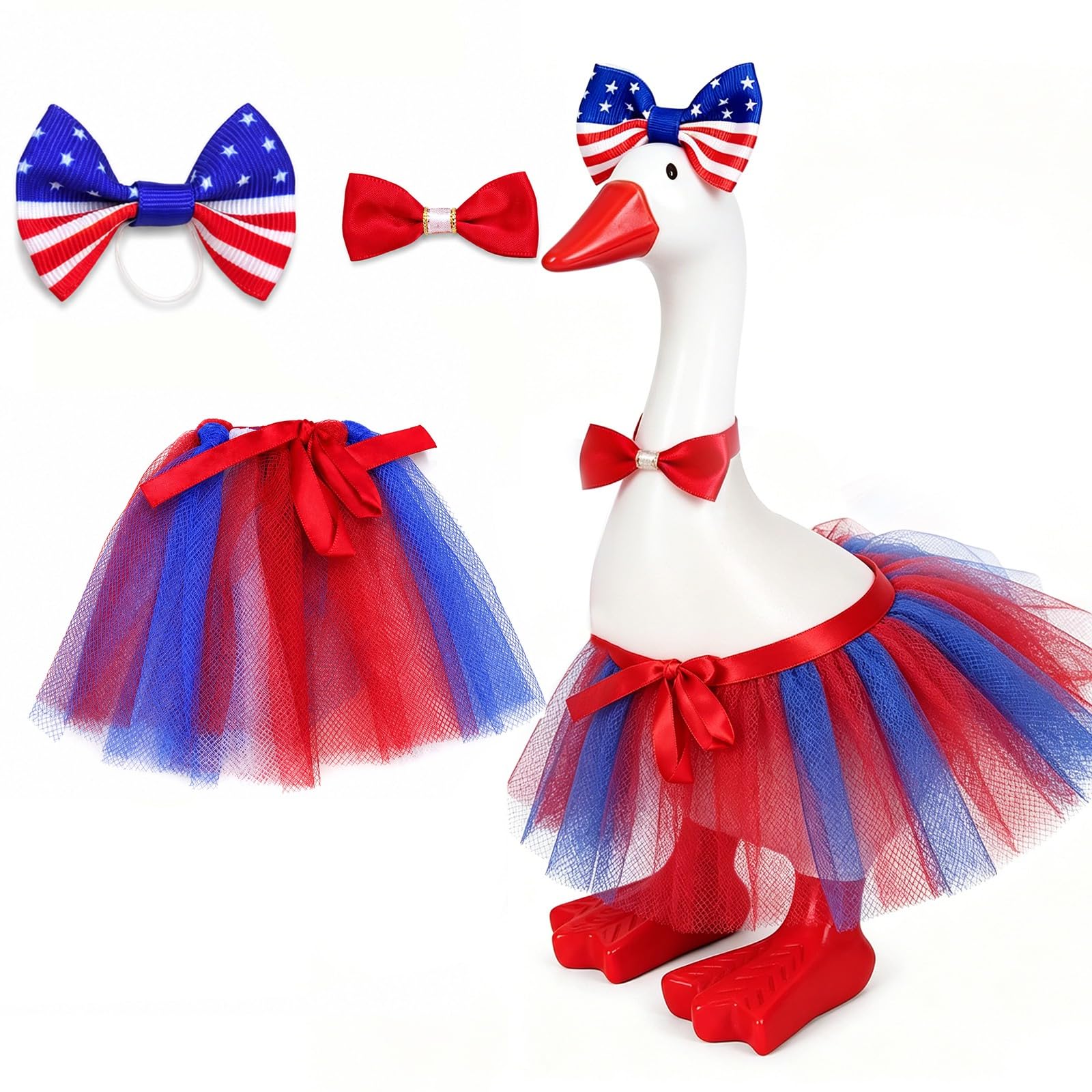 7 Inch Desk Goose Patriotic Outfit Set | Fourth of July Clothes with American Flag Bow, Red Bow Tie & Tutu Skirt, Doll Clothing Accessories for Desk Goose