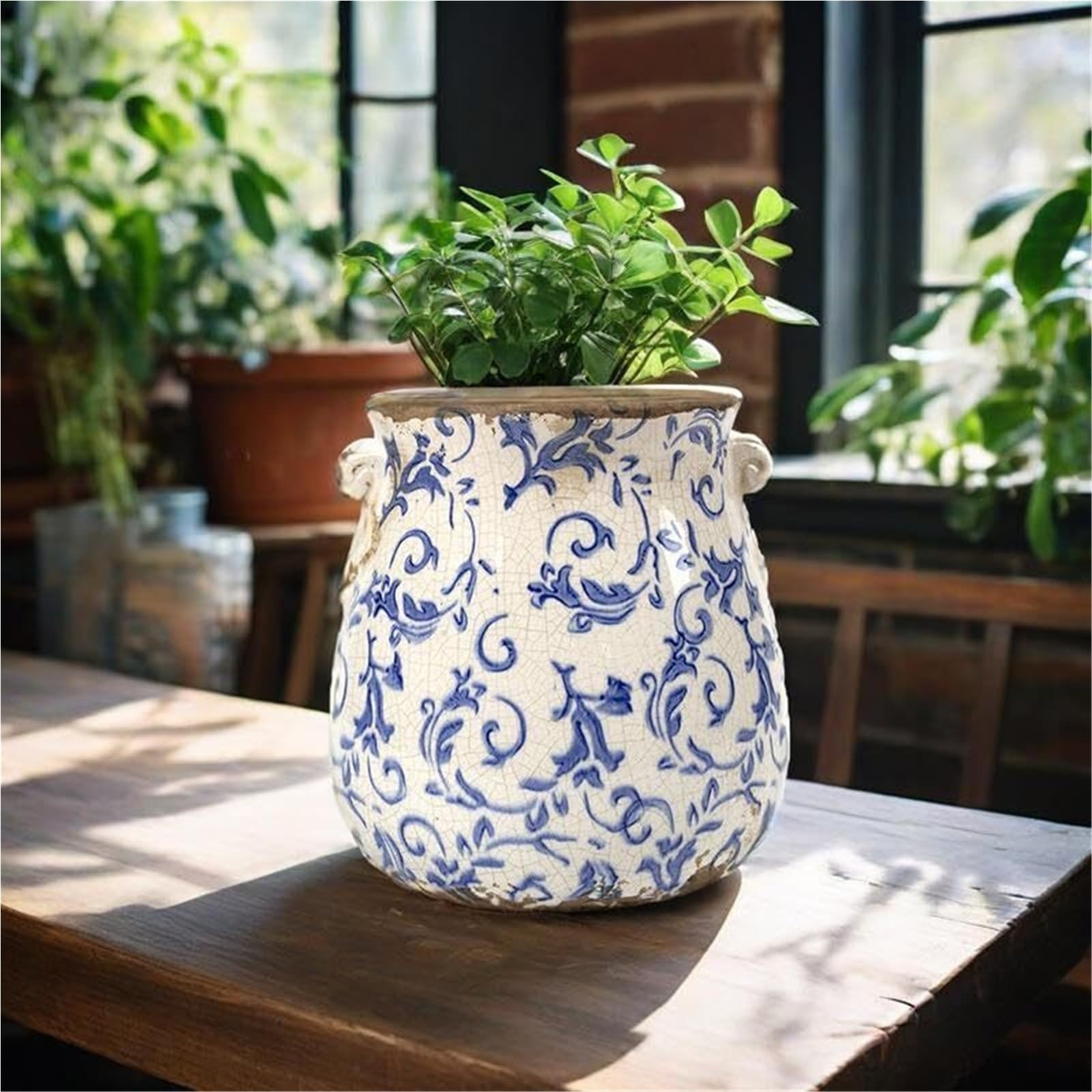 Vintage doniczka na rośliny vintage, pojemnik na rośliny z otworem drenażowym, kwiat pęknięcie lód ceramiczna dekoracja ogrodowa (szary)