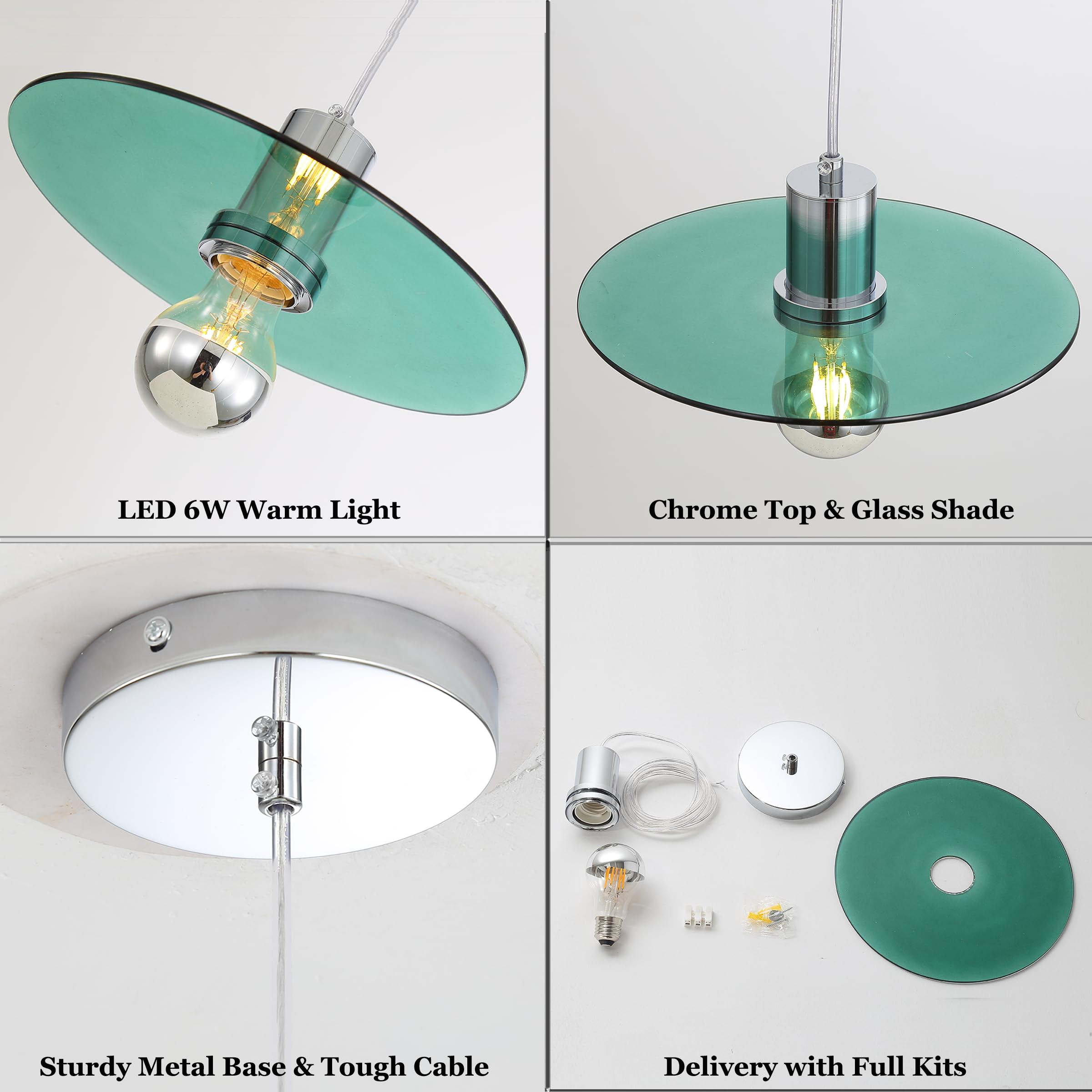 1 Flammig Pendelleuchte Esstisch, Minimalist Hängelampe aus Rund Glas-Scheibe in Grün & Metall in Chrom E27 LED Hängeleuchte für Küche Esszimmer Schlafzimmer & Wohnzimmer