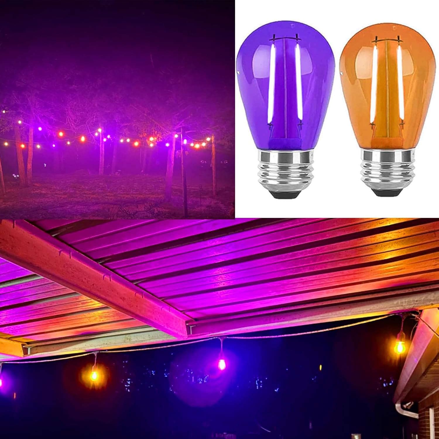 24 Pack S14 Purple and Orange Colored LED Light Bulb 2W Christmas Replacement String Lights Bulb E26 Base Plastic Shatterproof Waterproof LED Bulbs for Christmas Halloween Party Wedding(Purple,Orange)