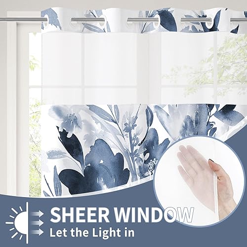 Miniatura 3 de Juego de cortina de ducha y forro floral de acuarela azul marino, cortinas de ducha con forro a presión para decoración de baño de verano, juego de