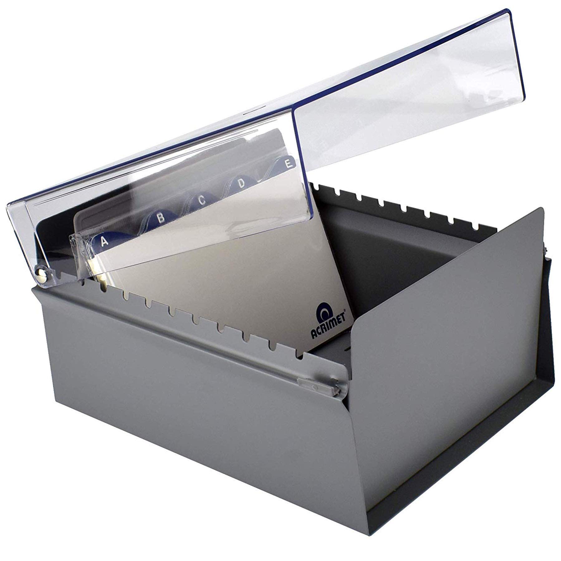 Acrimet Porta Tarjeta 5"x 8", Organizador de Fichas, Base de Metal Resistente (Incluye Índice AZ y un Divisor de Plastico) (Base Gris y Tapa de Plástico Transparente)