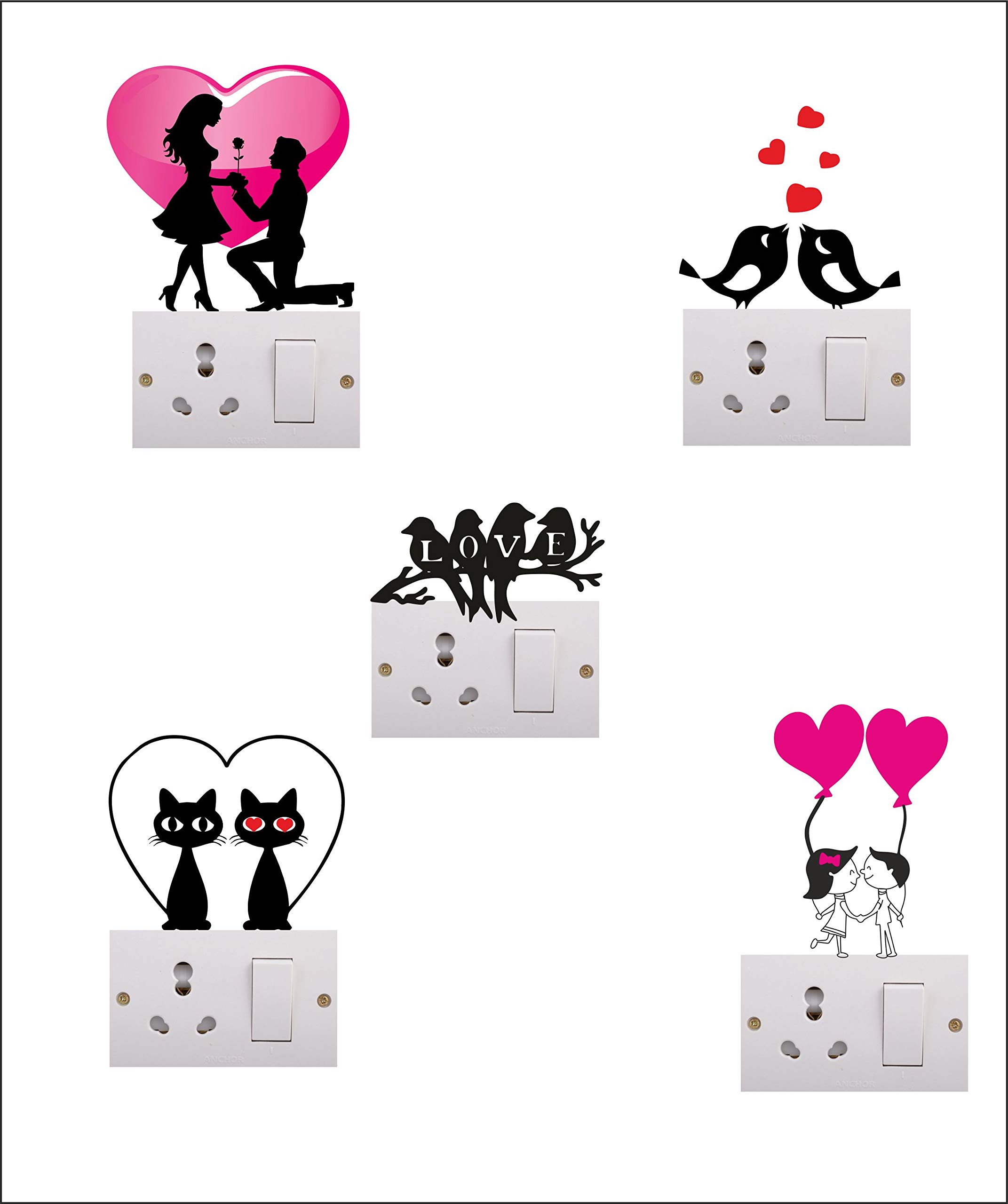 Advait Designs - PVC Vinyl Decals Decorative Small Switch Penal Sticker ofLovely Couple Love Birds Bird Sitting On Branch Cute Cates Heart Ballon Black and Pink(20CMX20CM) HI