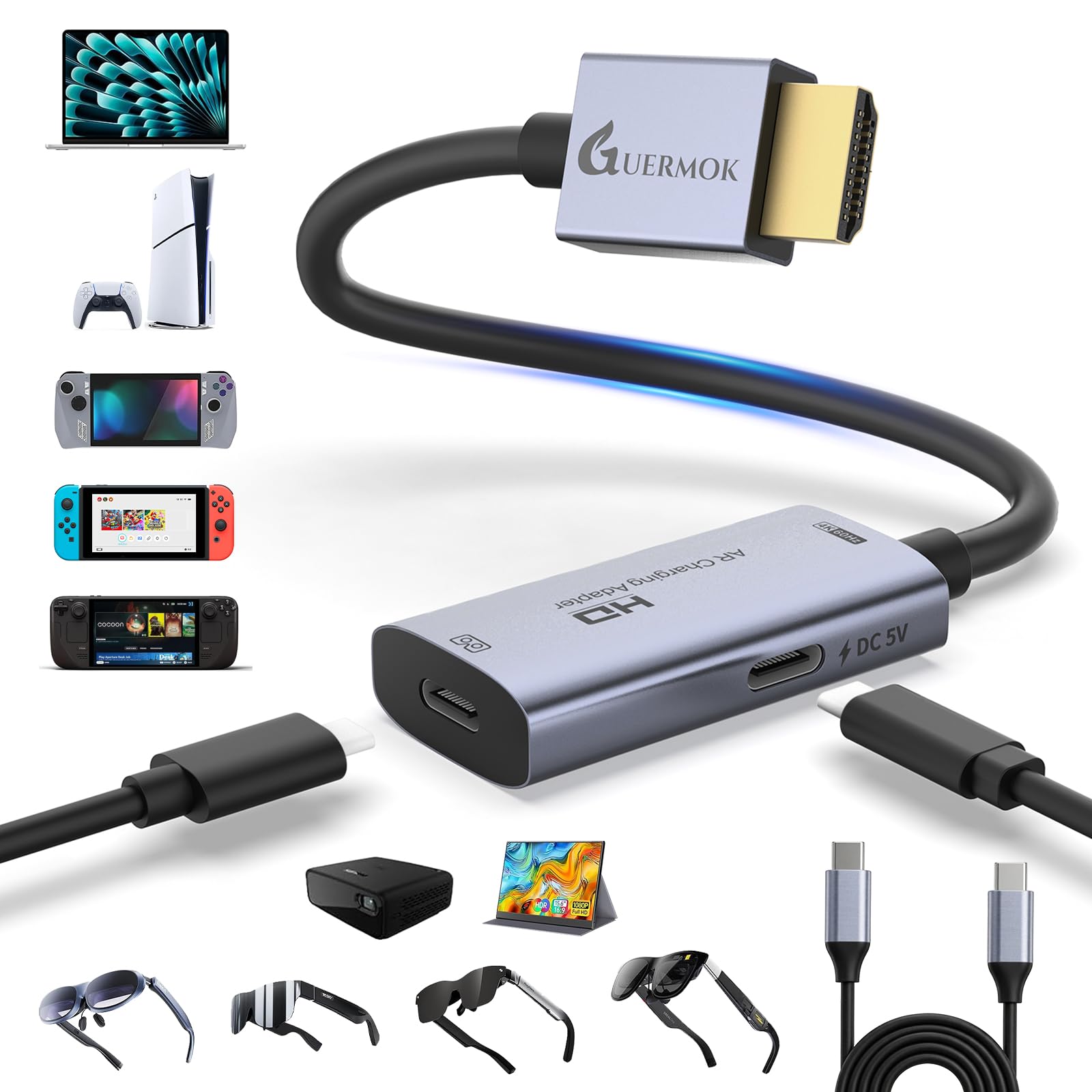 Guermok AR Glasses HDMI to USB-C Display Adapter, 4.9ft 4K@60Hz Play and Charge AR Converter with DC 5V, for XREAL One/Air 2 Pro/RayNeo/Rokid, Switch 2/1, Xbox1, PS4/5, Portable Monitors, Silver
