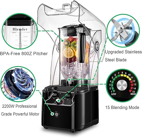 Miniatura 3 de Licuadora comercial para batidos con escudo silencioso, motor de 2.5 HP, hoja de acero inoxidable, jarra de 80 onzas para batidos, batidos,