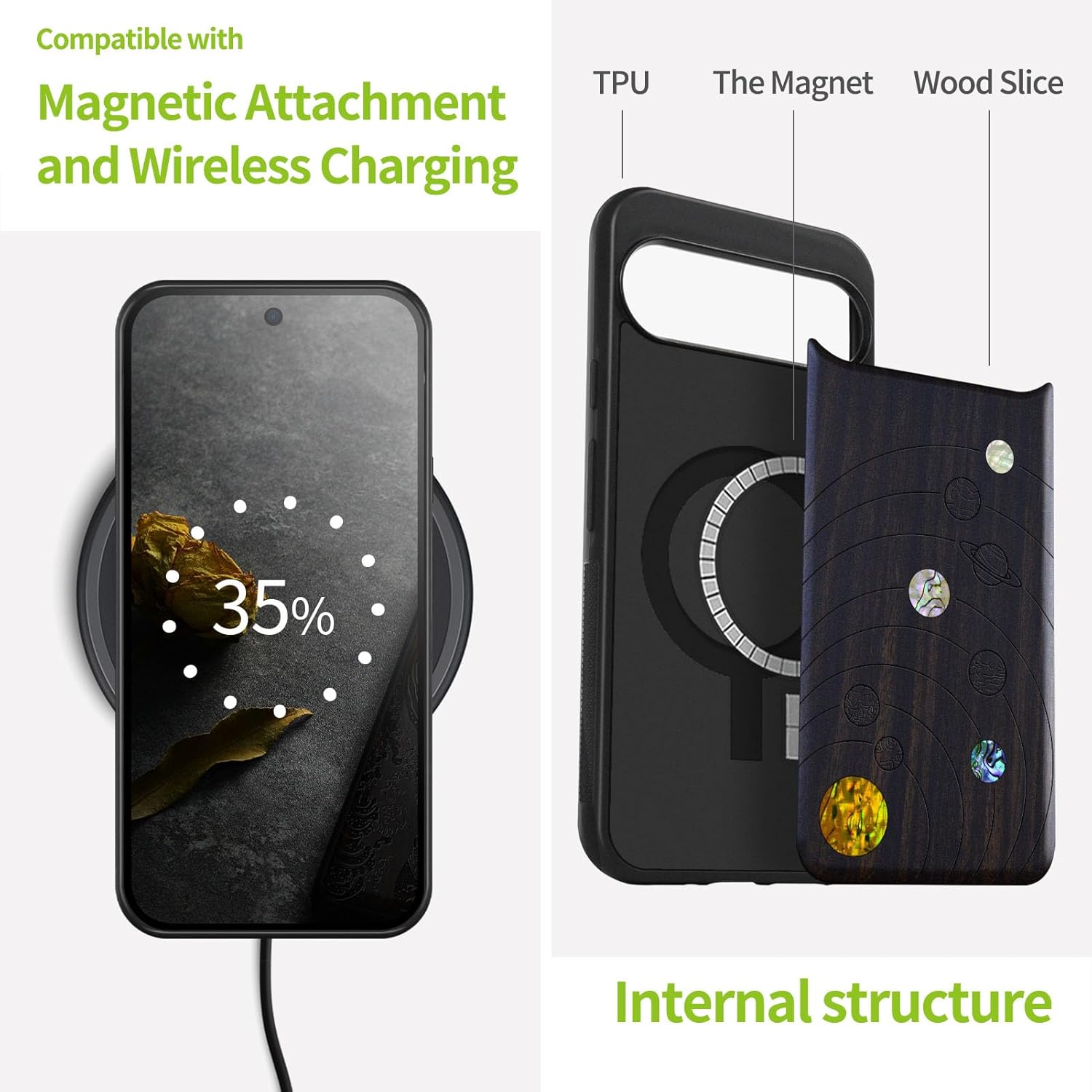 Carveit Magnetic Wooden Case for Google Pixel 9 Pro XL Case, Wood Artisan Engraved & Handmade Shell Inlaid, Compatible with MagSafe Wireless Chargers, Solar System - Blackwood