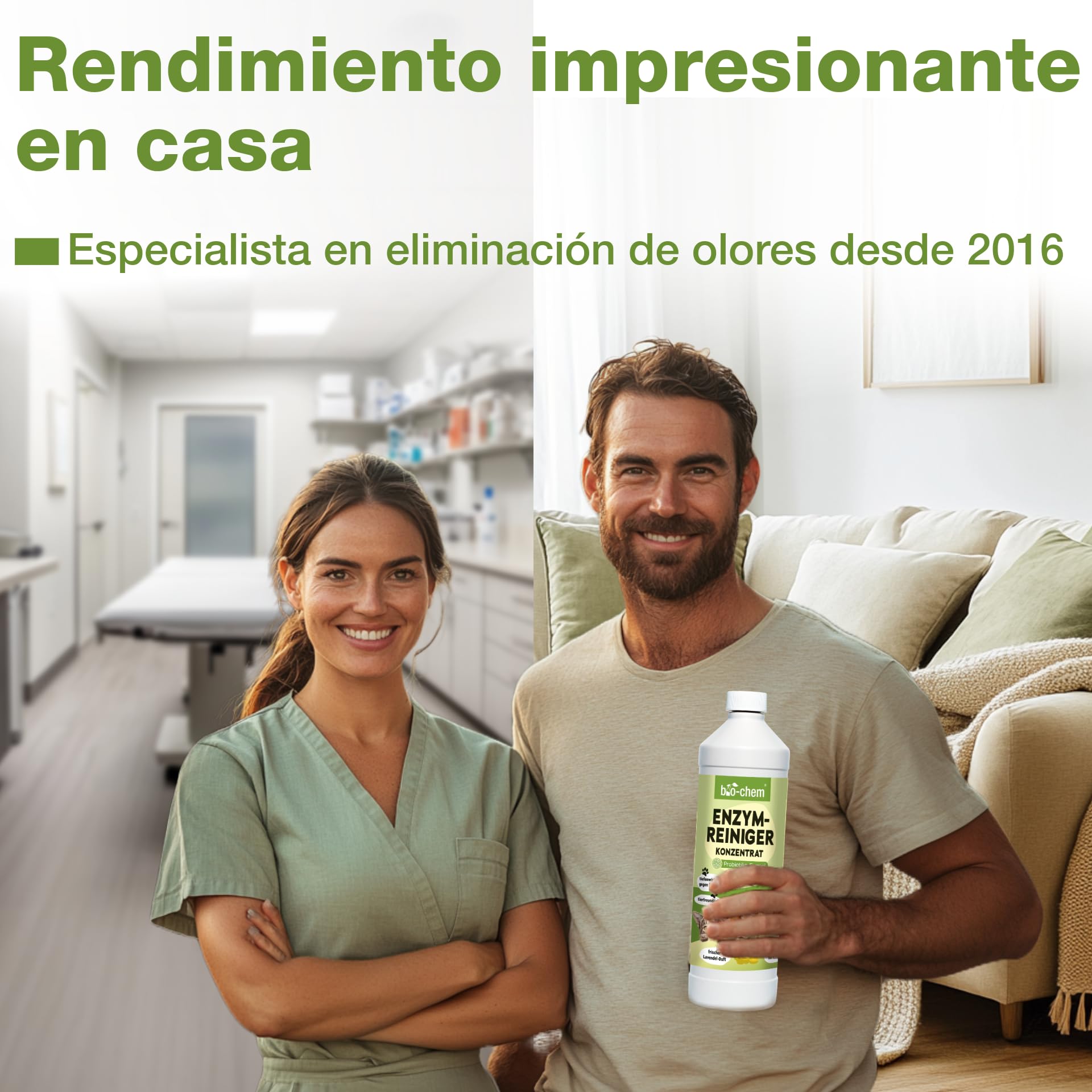 Bio-Chem - Limpiador enzimático concentrado 1L + botella mezcladora - Combate olores y manchas persistentes - Acción probiótica natural para alfombras, tejidos y superficies | Eliminador de olores contra orina, orina de gato y orina de perro para perros y