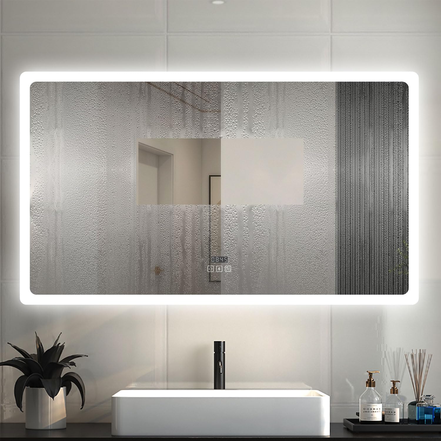 OCEAN ITALY Specchio Da Bagno LED Rettangolare 100×60cm,Controllo Touch/Parete,Luce Esterna 3 Temperature Colore, Dimmerabile e Antiappannamento,Orologio Digitale,Lente D'ingrandimento
