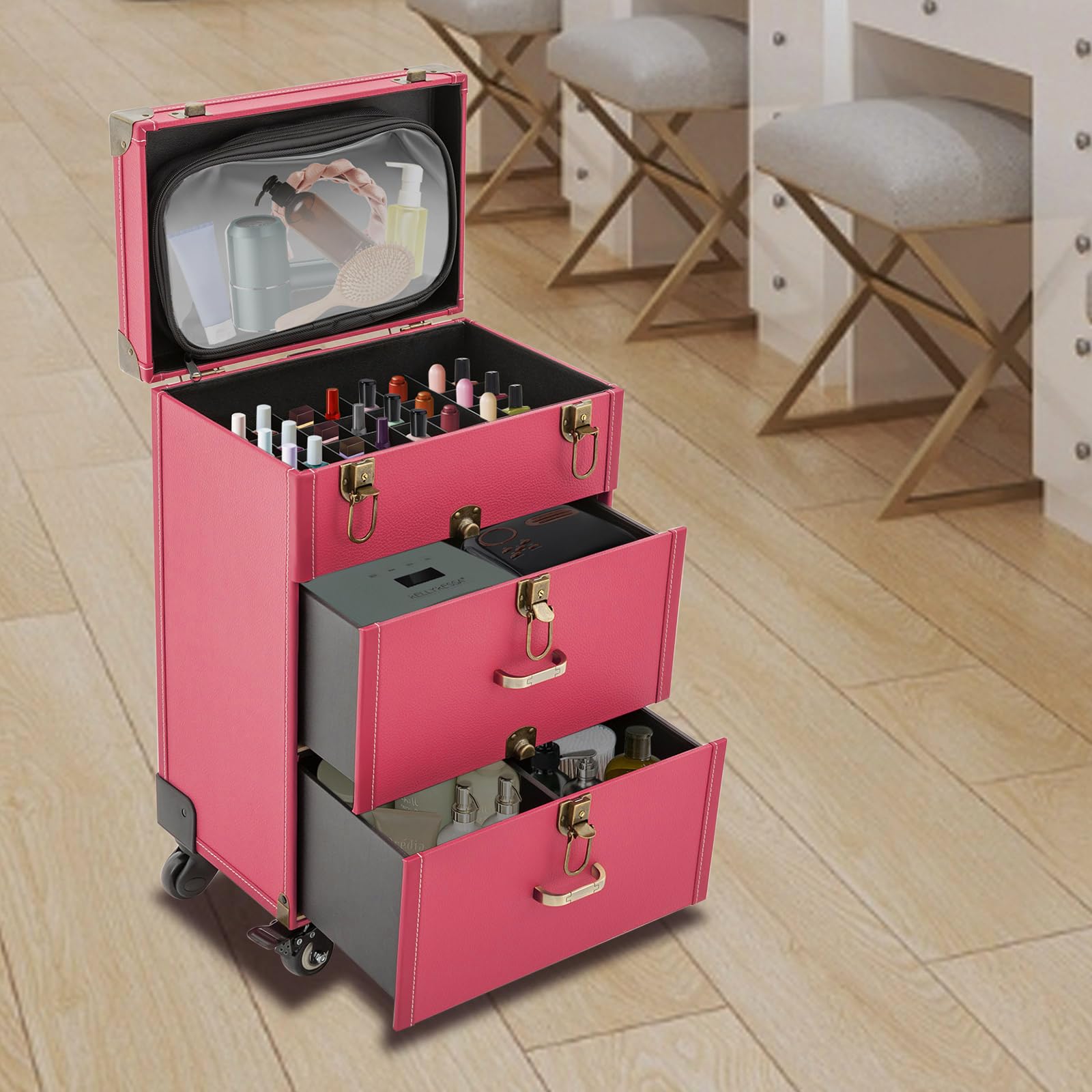 Unndysrt Rolling Makeup Case - Portable Cosmetic Trolley with Drawers, Multifunctional Organizer with 4 Wheels for Makeup, Nail Polish & Jewelry Travel Storage (Rose)