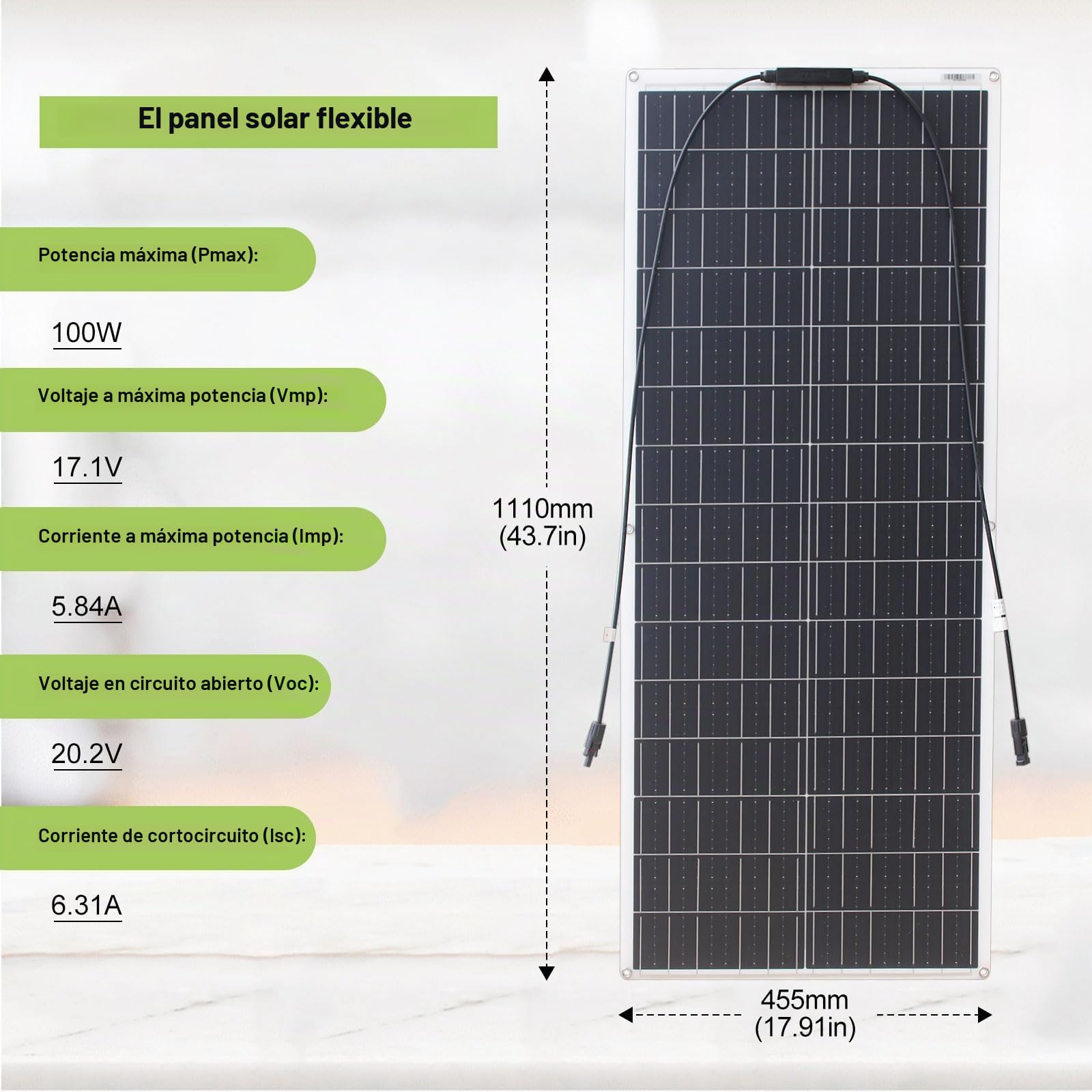 Panel solar 100 W 12 V flexible monocristalino panel solar ultra ligero ultra delgado impermeable cargador solar para autocaravana, techo, caravana, barco y superficies irregulares (100 W)