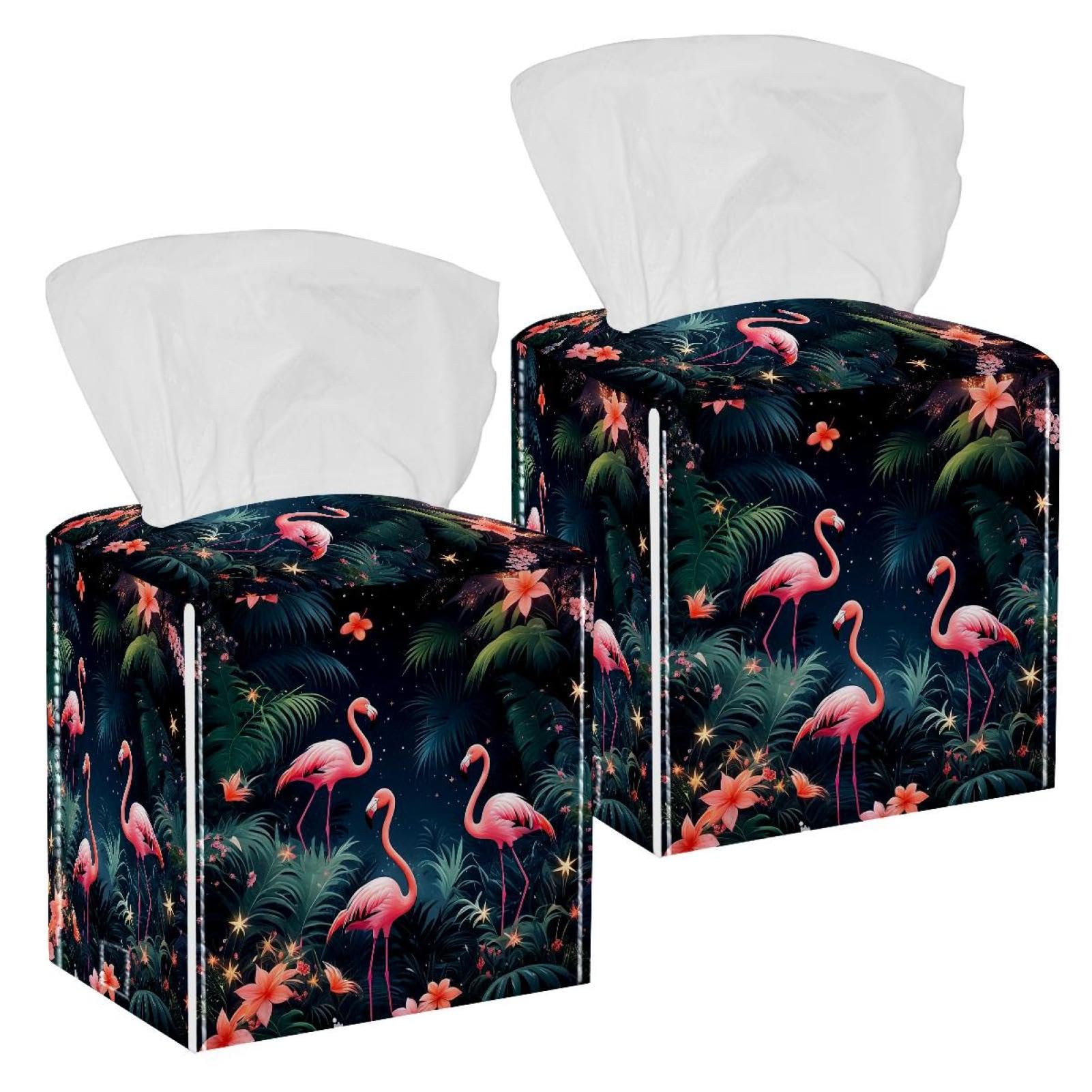 Jungle Flamingo Tissue Box Cover, 2 Pack PU Leather Square Facial Tissue Dispenser Box holder for Home Office Car