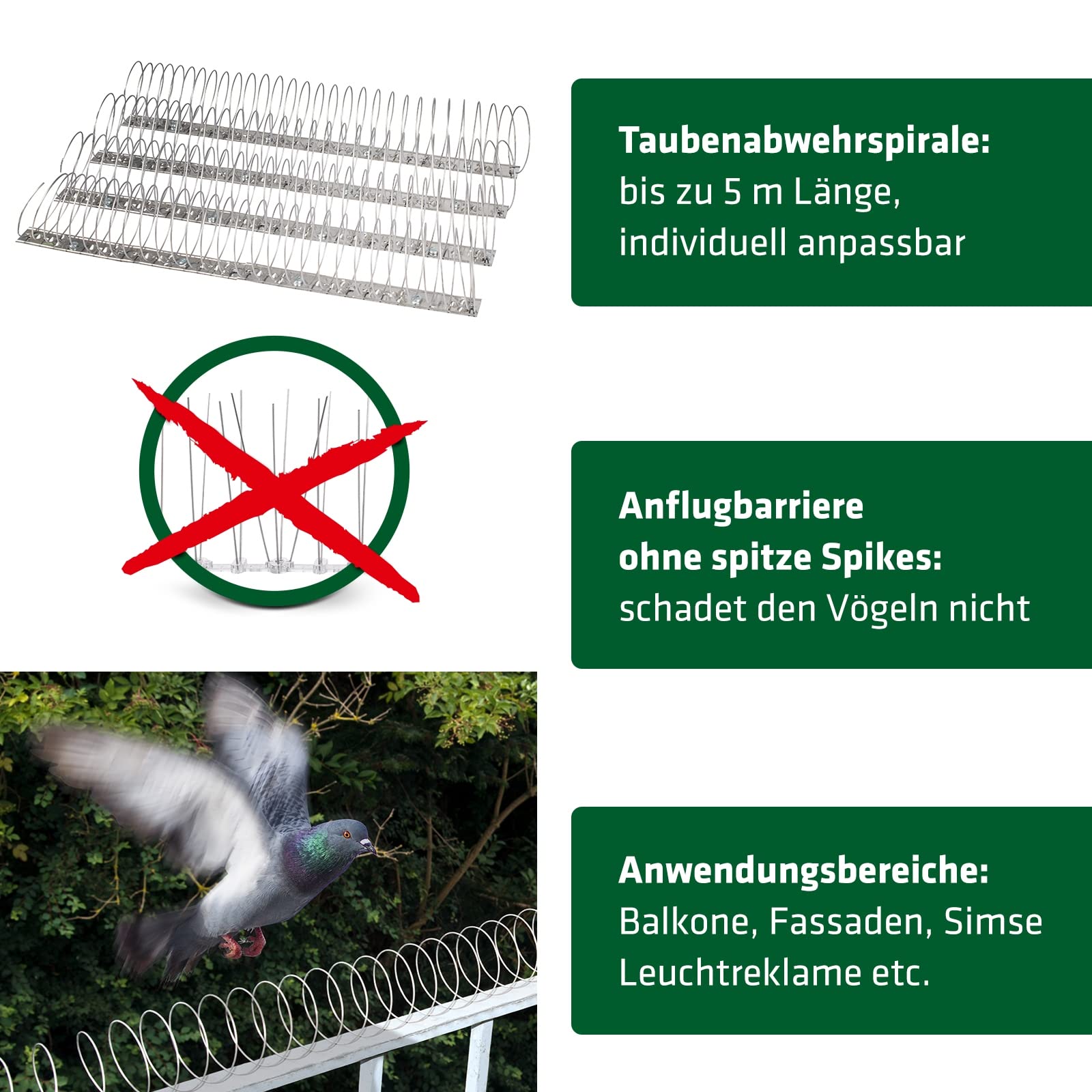 Gardigo® Taubenabwehr Spirale für 5 Meter | Vogelabwehr Spirale aus Edelstahl | 4 Spiralen je 125cm, Gesamtlänge 5m | Made in Italy | Vogelschutz Taubenschreck für Balkon | Tauben vertreiben
