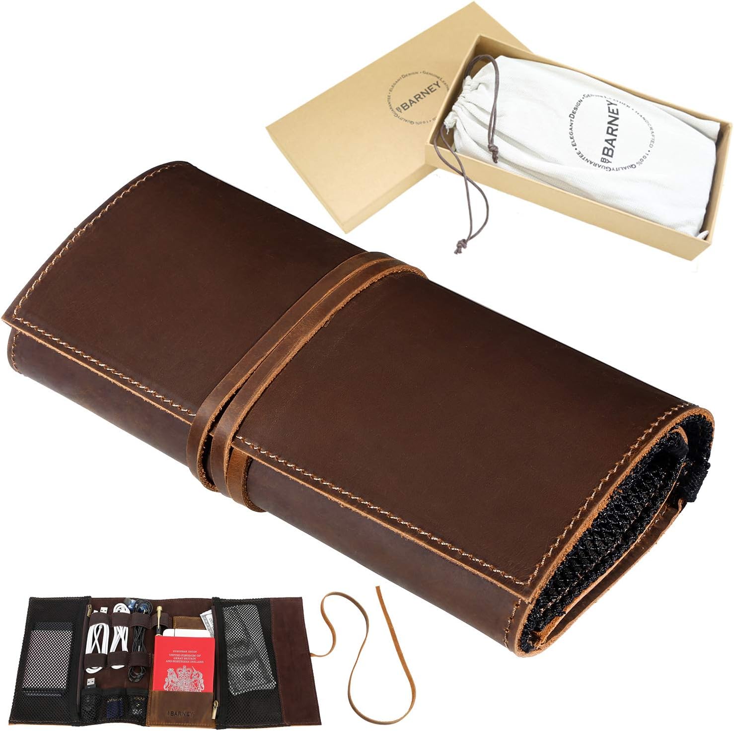 Genuine Leather Electronics Cable Organizer Roll Up Case Cord Bag Travel Pouch for USB Cable, SD Card, Charger, Earphone, Passport, Cash, Coins, Phone, Flash Drive by BY BARNEY