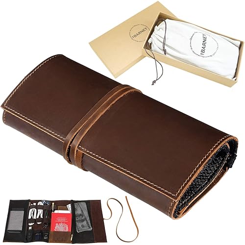 Genuine Leather Electronics Cable Organizer Roll Up Case Cord Bag Travel Pouch for USB Cable, SD Card, Charger, Earphone, Passport, Cash, Coins, Phone, Flash Drive by BY BARNEY
