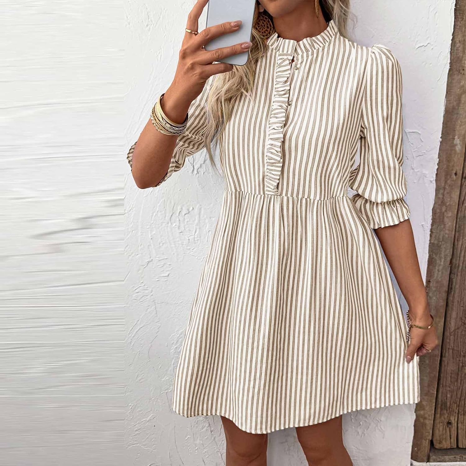 Womens Casual Dresses Striped Short Sleeved Smocked Henley Button A Line Mini Dress Summer Work Fashion Beach Shirt
