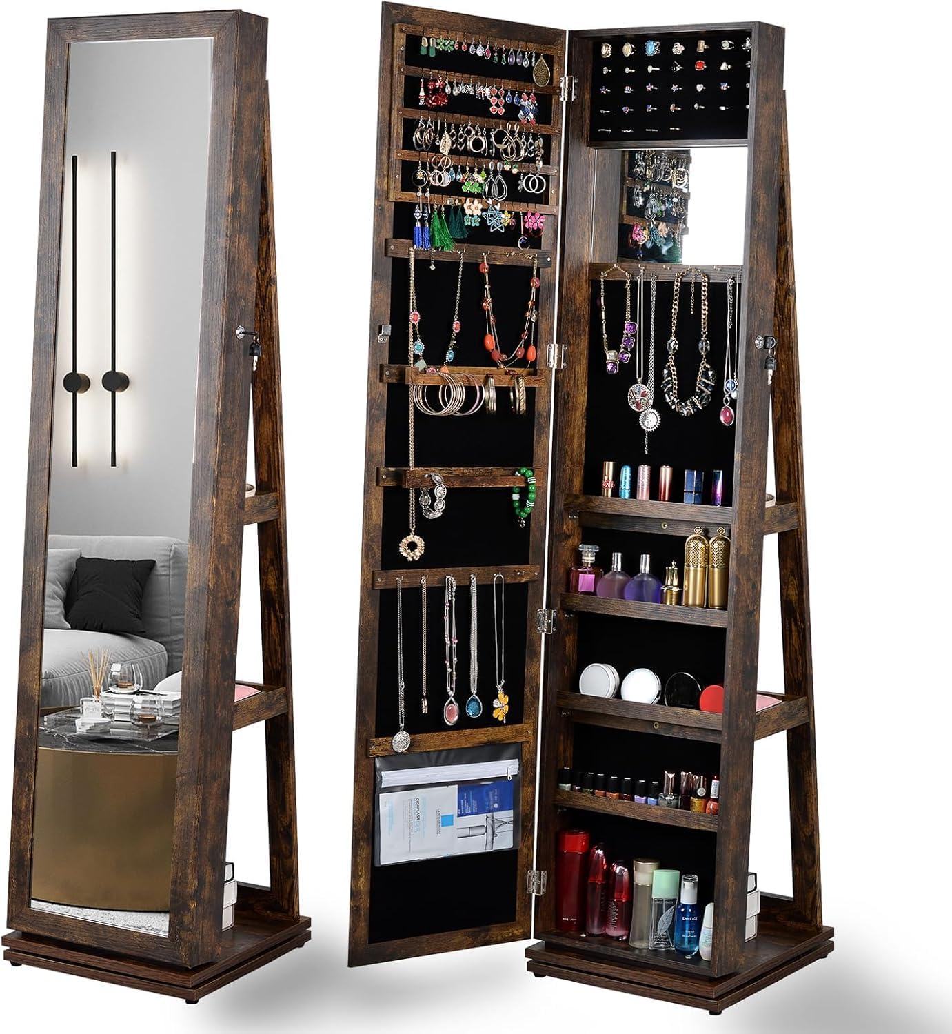 Jewelry Armoire 65" H, Full Length Mirror with Storage 360° Swivel, Lockable Standing Jewelry Cabinet Organizer with Storage Shelves Interior Mirror, Gift Idea,Back Storage Shelves (Antique Gray)