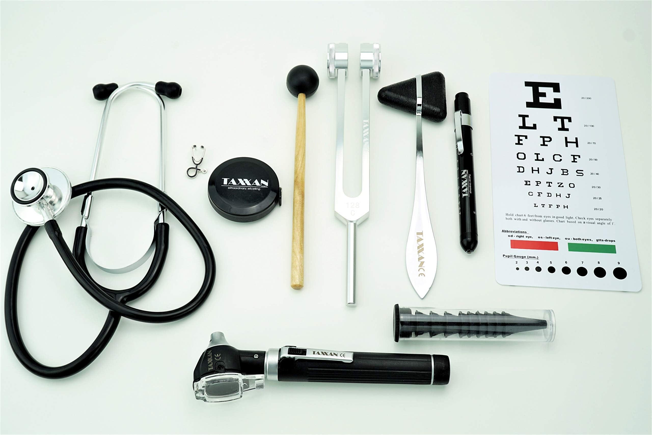 OTOSCOPE, DUAL-HEAD STETHOSCOPE, TAYLOR HAMMER, C128 TUNING FORK, LED MEDICAL PENLIGHT, SNELLEN POCKET PLASTIC EYE CHART, TAPE MEASURE compatible with any Otoscope Ophthalmoscope