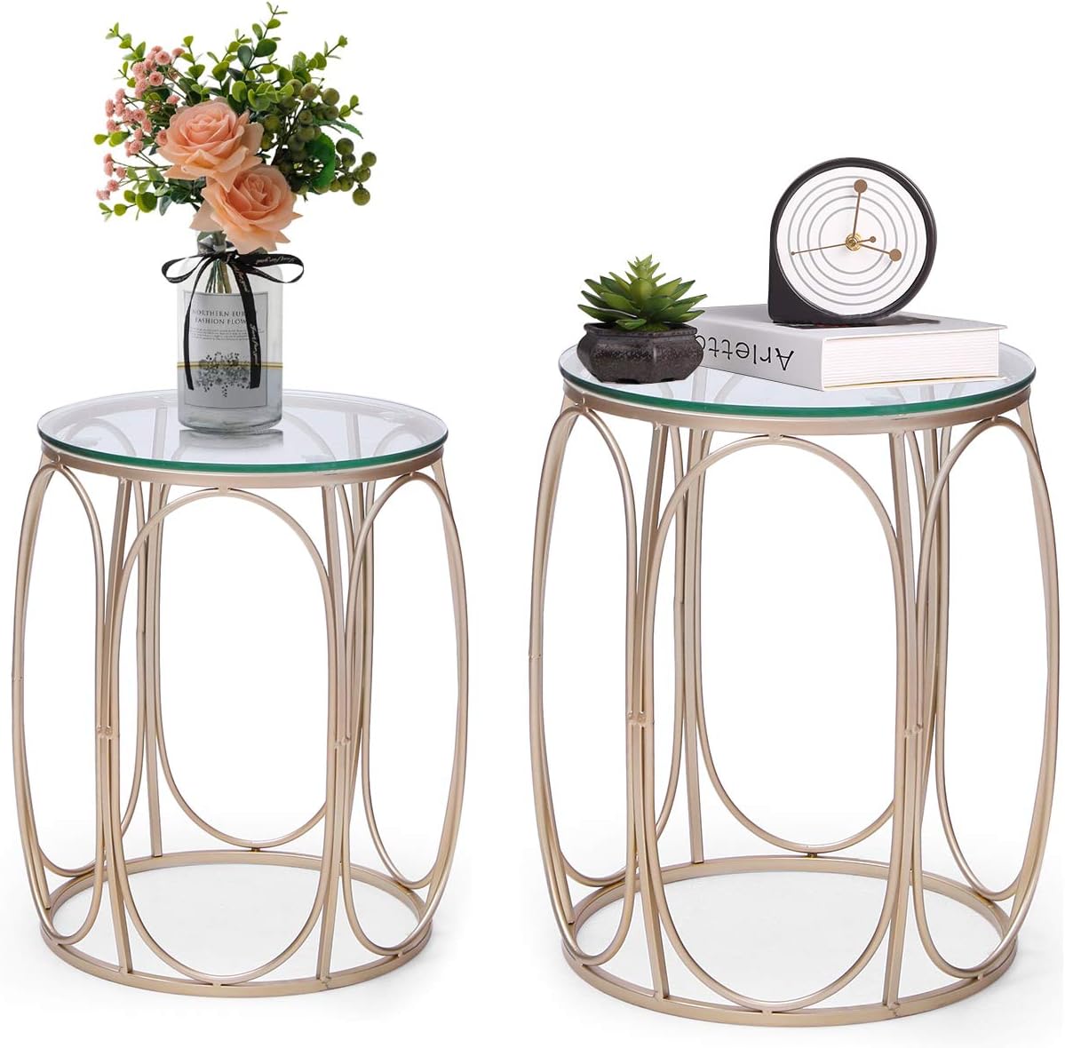 Adeco Round Nesting Accent Side Set of 2Gold End Tables