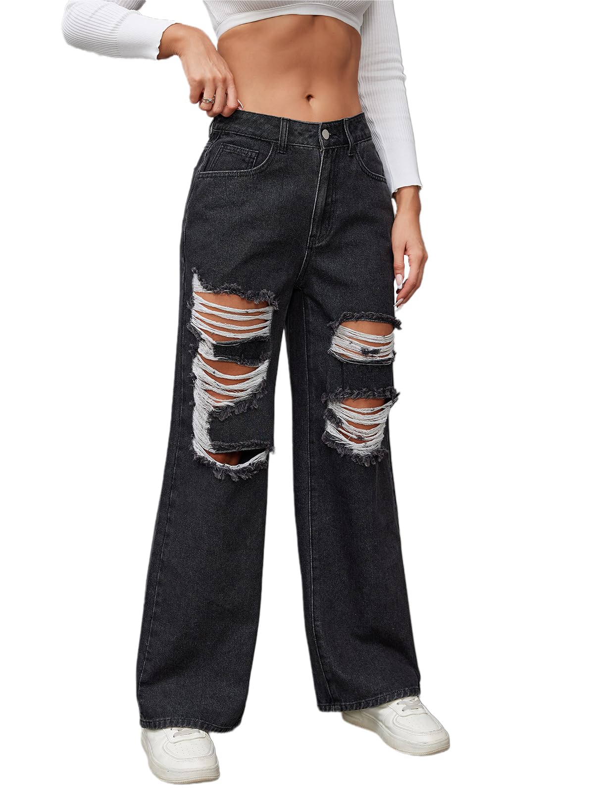 VigorFusion Jeans for Women Mid Waisted Wide Leg Distressed Ripped Denim Pants Woman's Black Jeans with Pockets