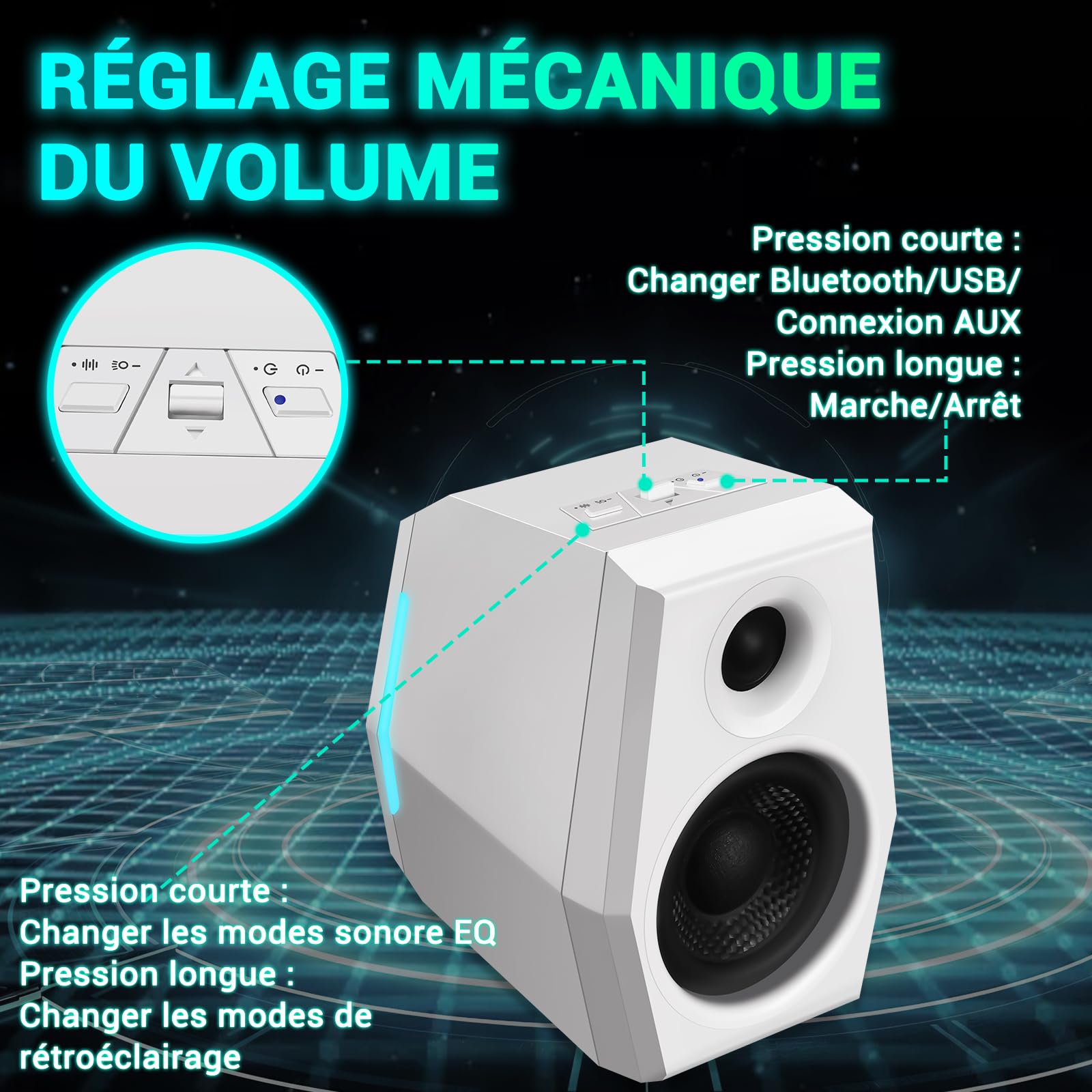 Sanyun SW209 Enceintes Gaming 2.0 36 W, Audio Tactique 3 Modes DSP | Modes Jeu/Film/Musique, DAC 24 bits, USB-C/Bluetooth 5.2/AUX, HP Fibre de Verre 7 cm + Dôme Soie 18 mm, RGB (Paire, Blanc)