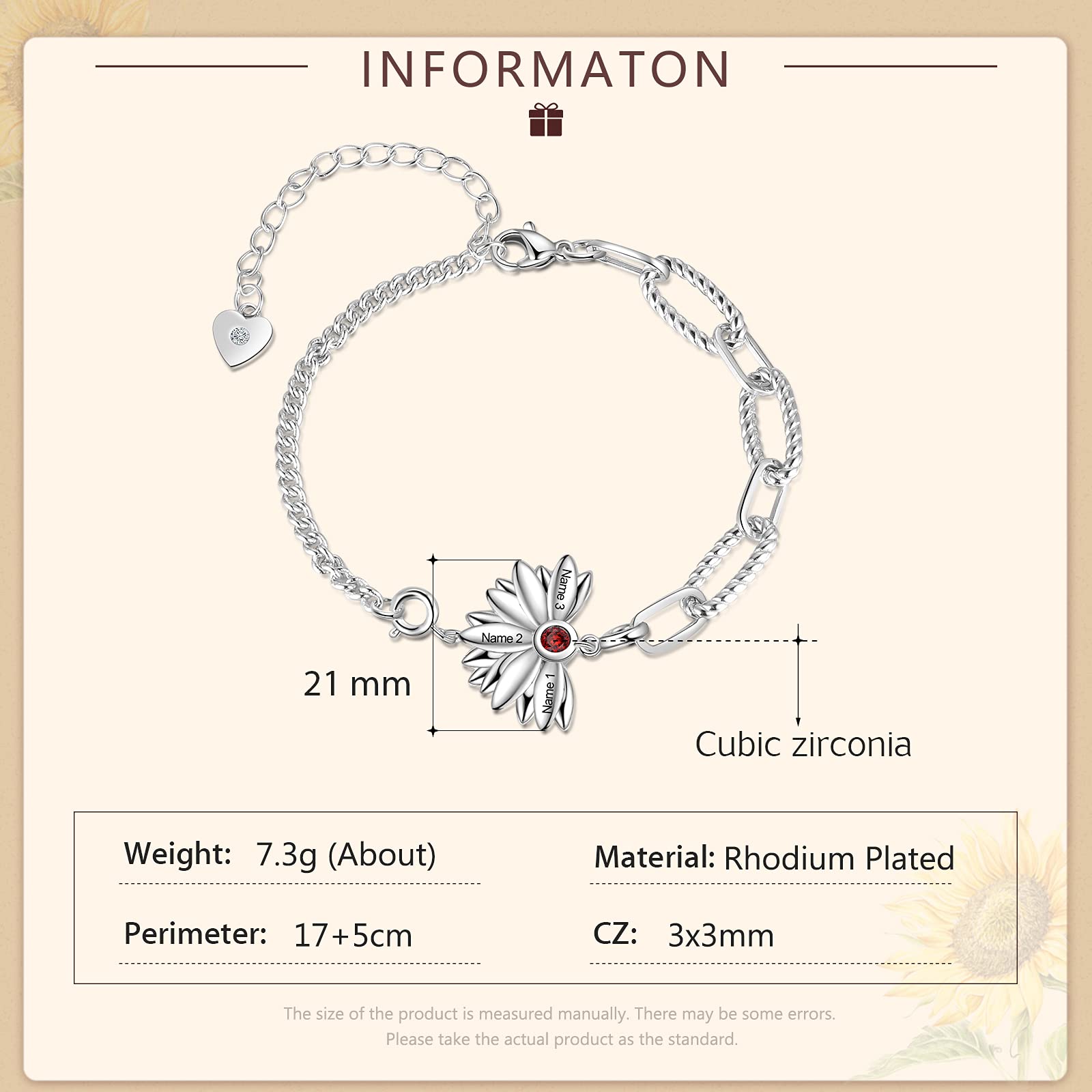 Pulsera personalizada para mujer, pulsera de plata 925 personalizada con piedra natal, dije de girasol ajustable, grabado de 1 a 5 nombres, joyería de Navidad, regalos para mamá, novia