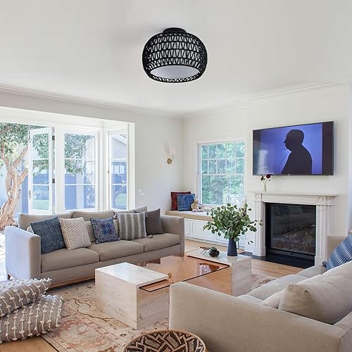 Miniatura 8 de Lámpara de ratán, lámpara de techo bohemia tejida a mano, montaje en techo hecho a mano con pantalla de tela, lámpara de granja para dormitorio,