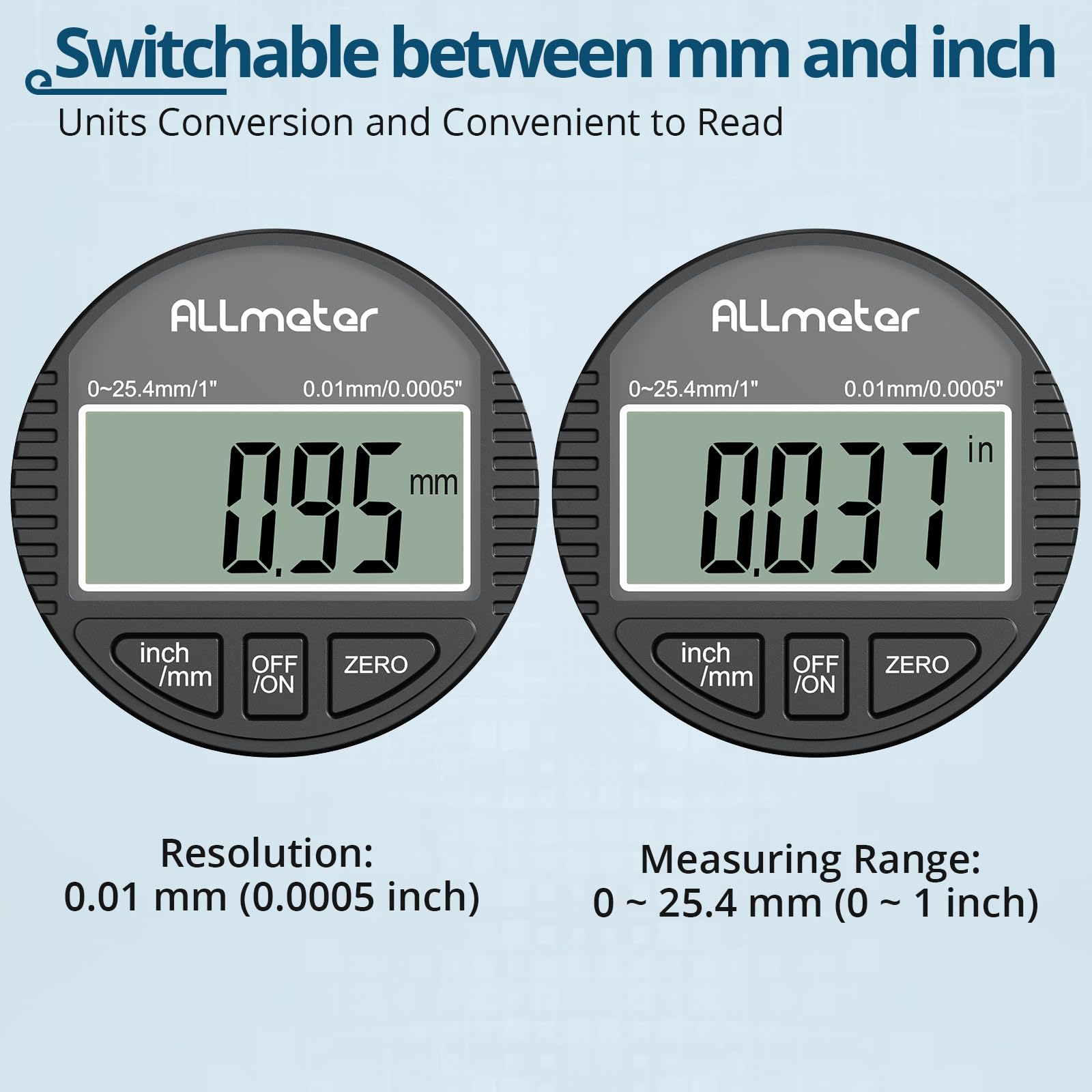 DTI Comparatore Centesimale Digitale con Sonda 0-25.4mm/1'', Risoluzione 0.01mm/0.0005'', Display LCD Retroilluminato, Unità Millimetri e Pollici, Indicatore Elettronico di Precisione - Nero