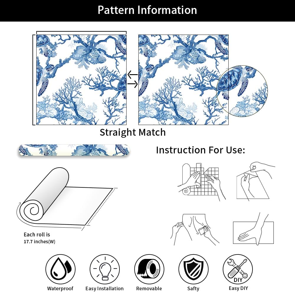 18"x236" Blue White Underwater Coral Turtle Peel and Stick Self Adhesive Wallpaper Removable Contact Paper Stick on Easy Peel Off Wall Paper for Kitchen Bedroom Bathroom Renter