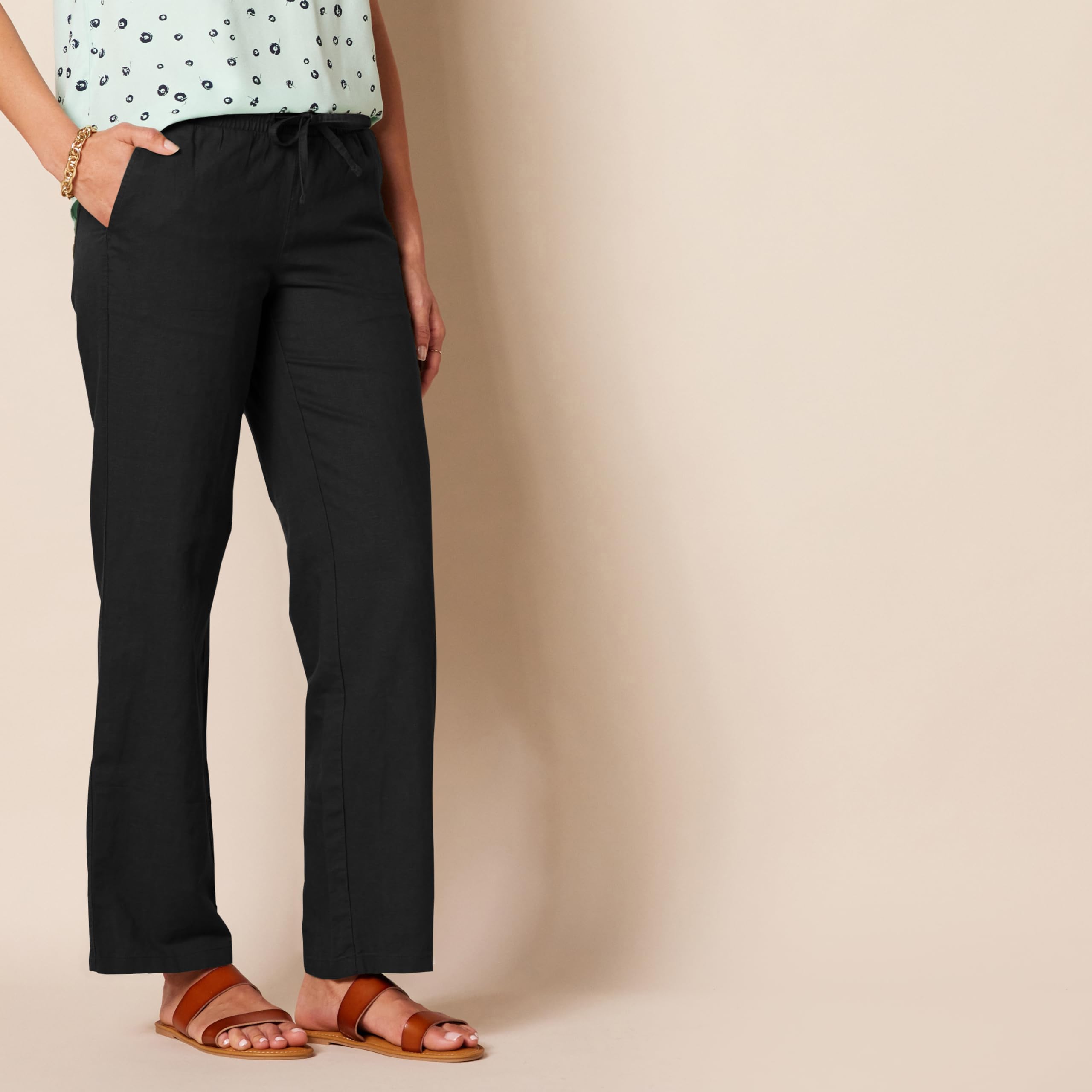 Amazon Essentials Pantalon à Jambes Larges en Lin Mélangé avec Cordon de Serrage, Coupe Décontractée (Disponible en Grande Taille) Femme