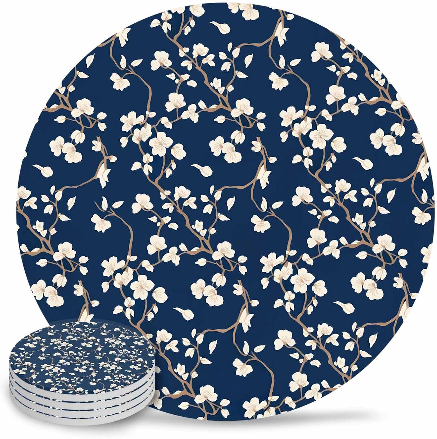 陶製コースター 円形 田園 白い花 紺色 吸水 8枚セット 直径10.3cm&times;厚さ0.6cm 速乾 杯垫 滑り止め 耐熱 装飾 おし
