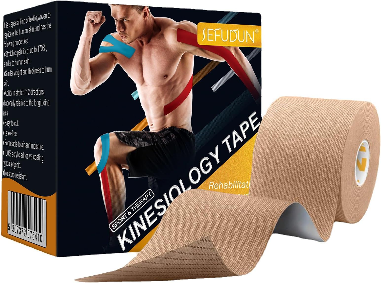 Wisfunlly Kinesiology Tape, 5CMx5M Waterproof Breathable Muscle Tape Relief Pain Athletic Sports Tape, Ankle Wrists Knee Support Sports Tape for Gym Fitness Running Tennis Swimming Football