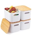 BAMBOO LAND- Plastic Storage Baskets with Bamboo Lid&comma; 4 pcs&comma; White Storage Bins&comma; Plastic Storage Basket with Lid&comma; Pantry Storage Baskets with Lids