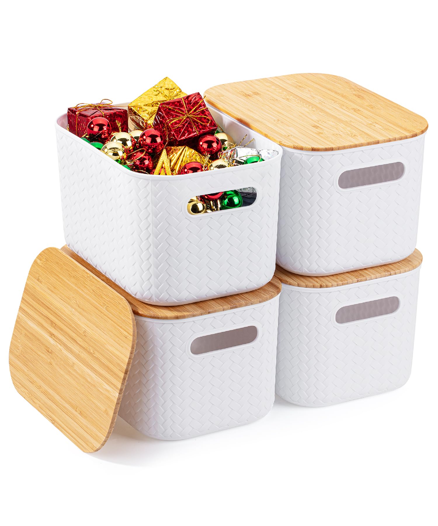 Scatole Portaoggetti Con Coperchio Scatole Organizzative Con Coperchio In Bambù 3 Pezzi 5L - Contenitori Impilabili Per Bagno, Cucina E Armadio, Colore Nero Scatole Armadio