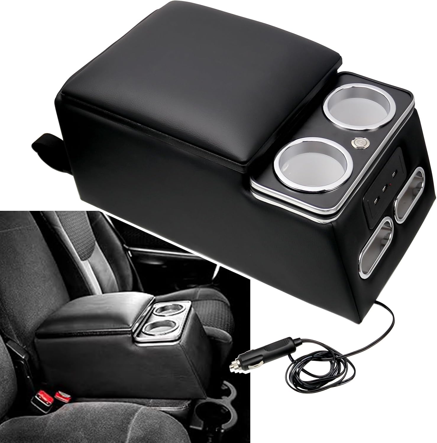 Black Universal Truck Seat/Bench Organizer with LED Light, USB Port, Cup Holders, Armrest, Padded Top Lid - Ideal for Business Upgrade Center Console Organizerand