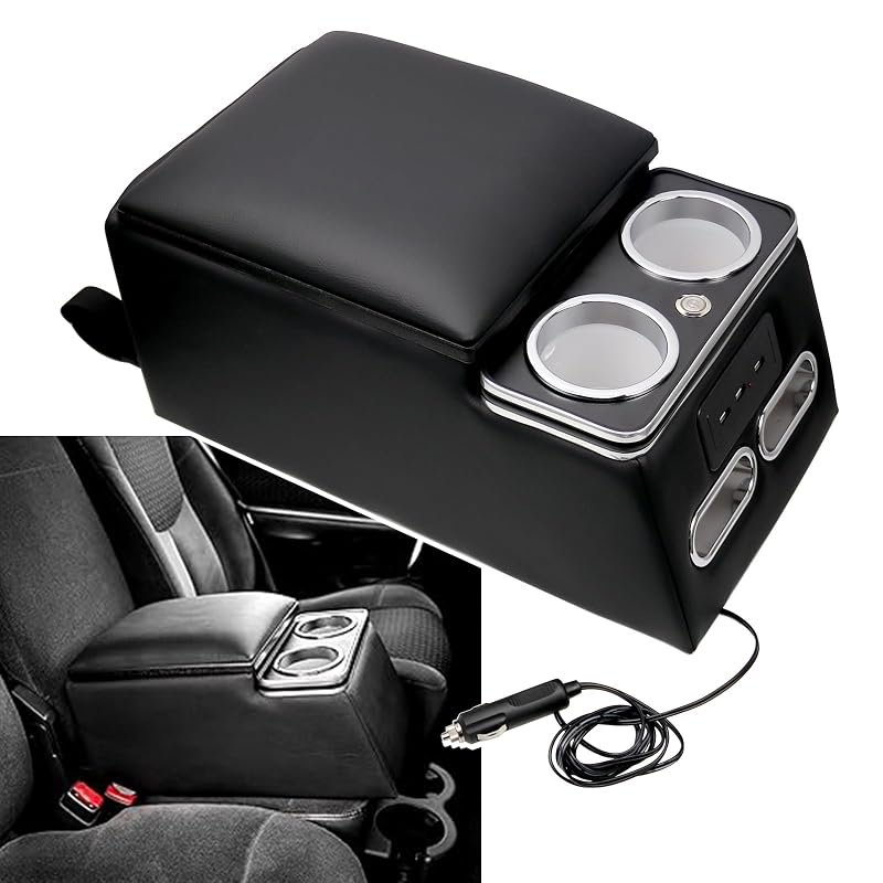Console central organizador preto para banco inteiriço com 2 porta-copos, porta-celular, iluminação LED e 2 USB Frtcaty