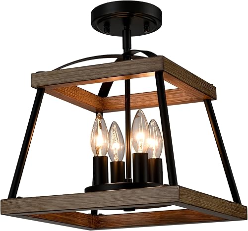 Miniatura 1 de YUBOLE Lámpara de techo estilo casa de campo, montaje semiempotrado, lámpara de techo retro negra con acabado de grano de madera para pasillo,