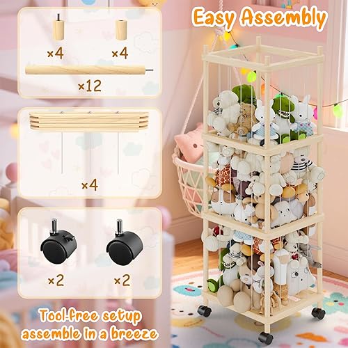 Miniatura 6 de Almacenamiento y soporte para animales de peluche, organizador de juguetes de zoológico de madera de gran tamaño con bandas elásticas, ruedas